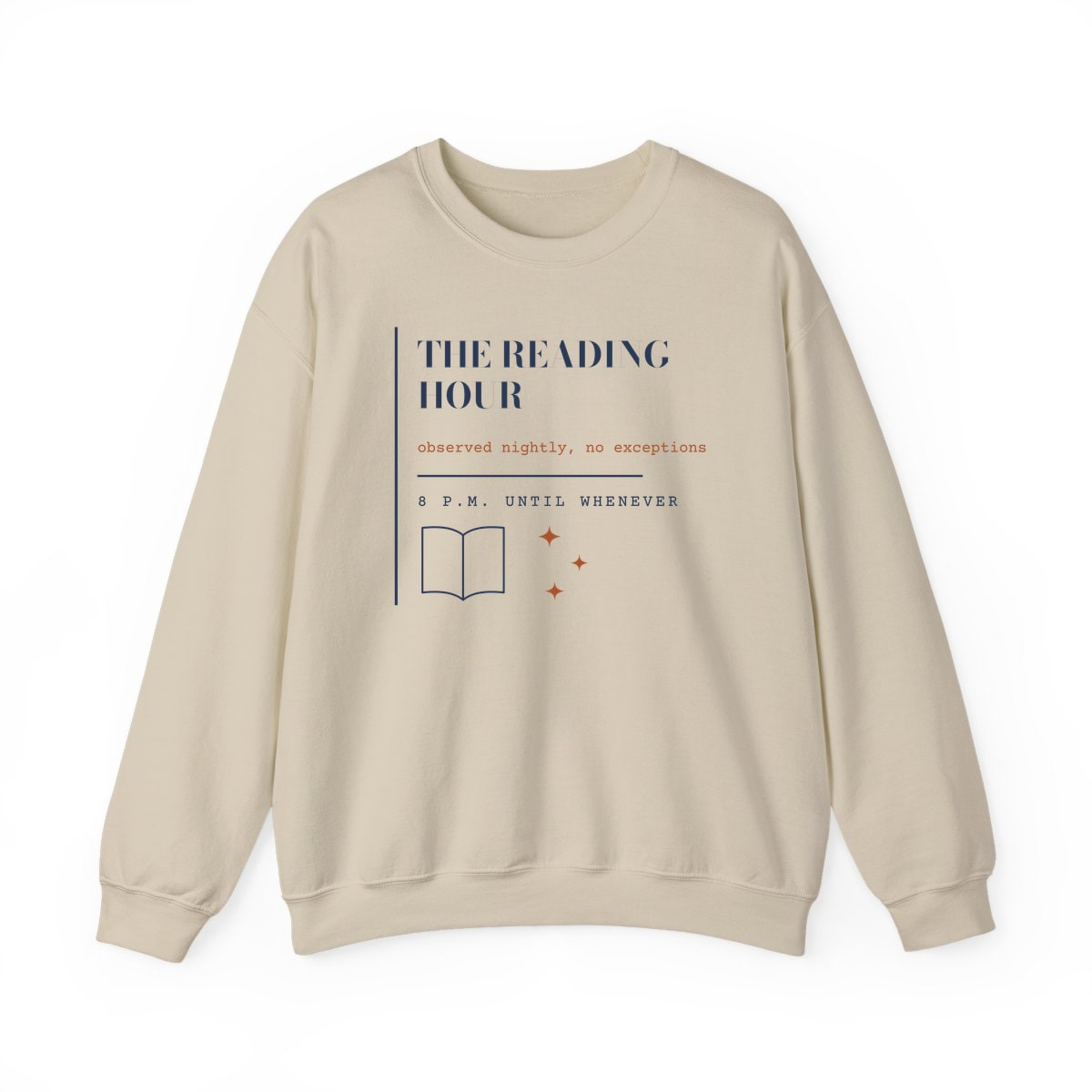The Reading Hour, printed on a crewneck in Sand