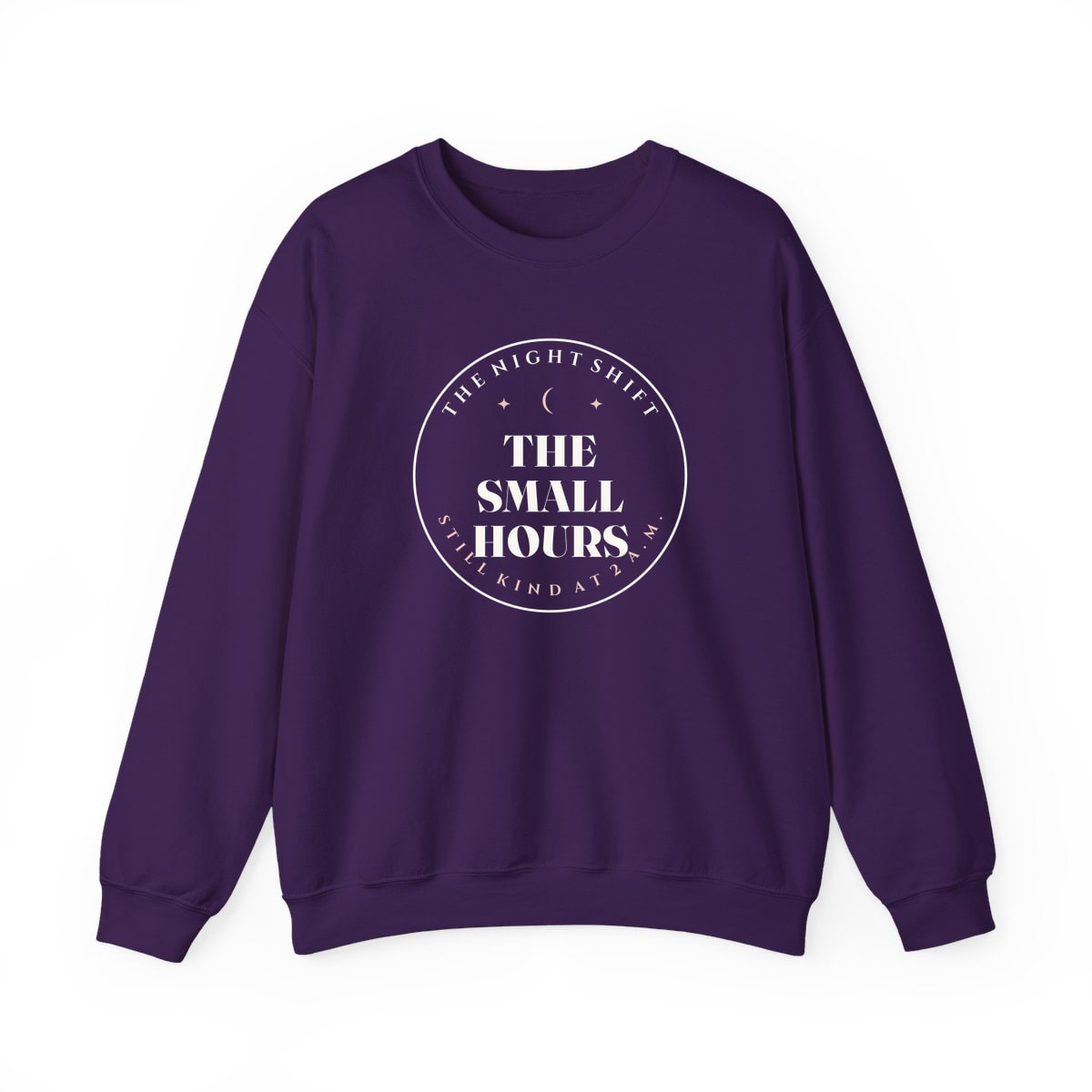 The Small Hours, printed on a crewneck in Purple