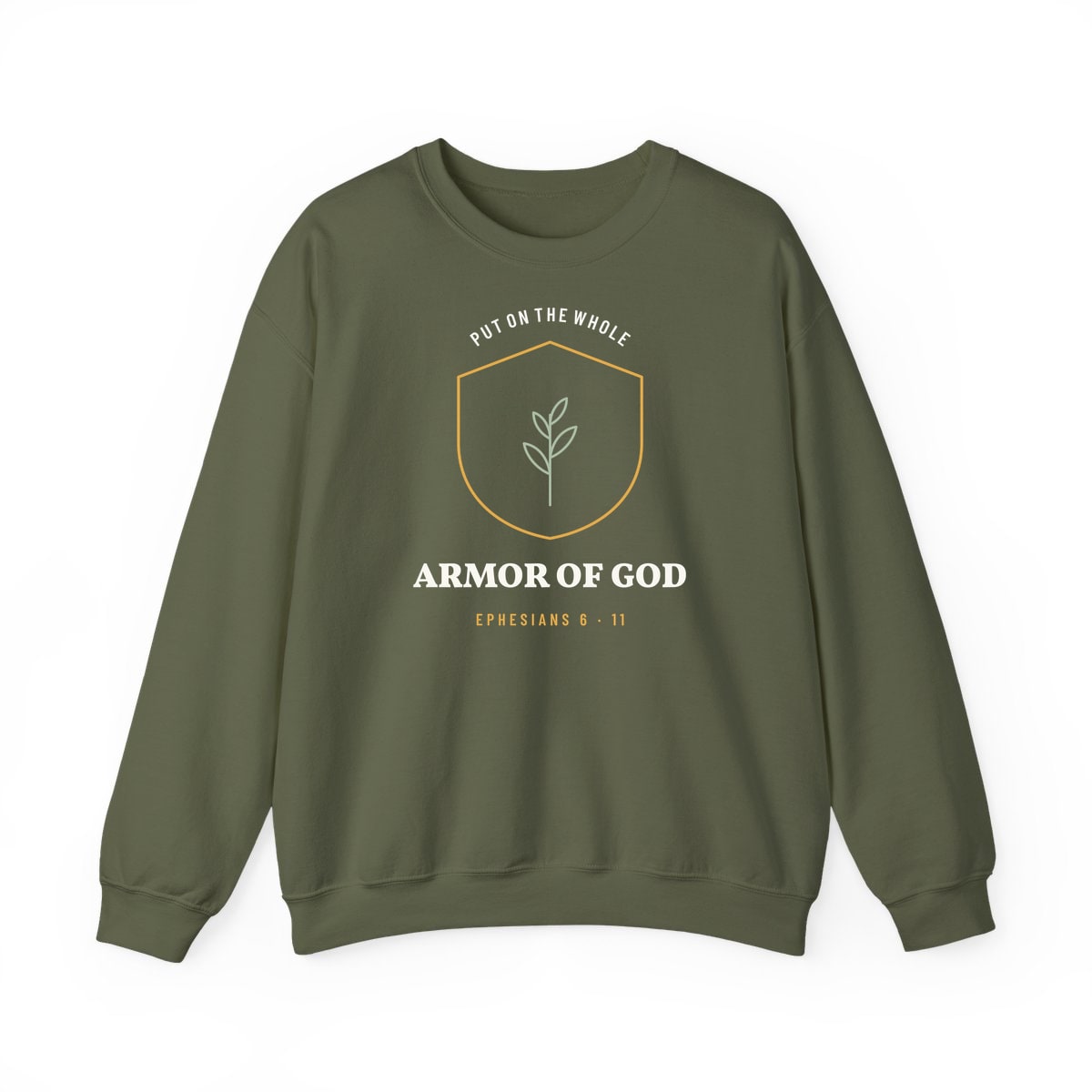 The Whole Armor Crest, printed on a crewneck in Military Green