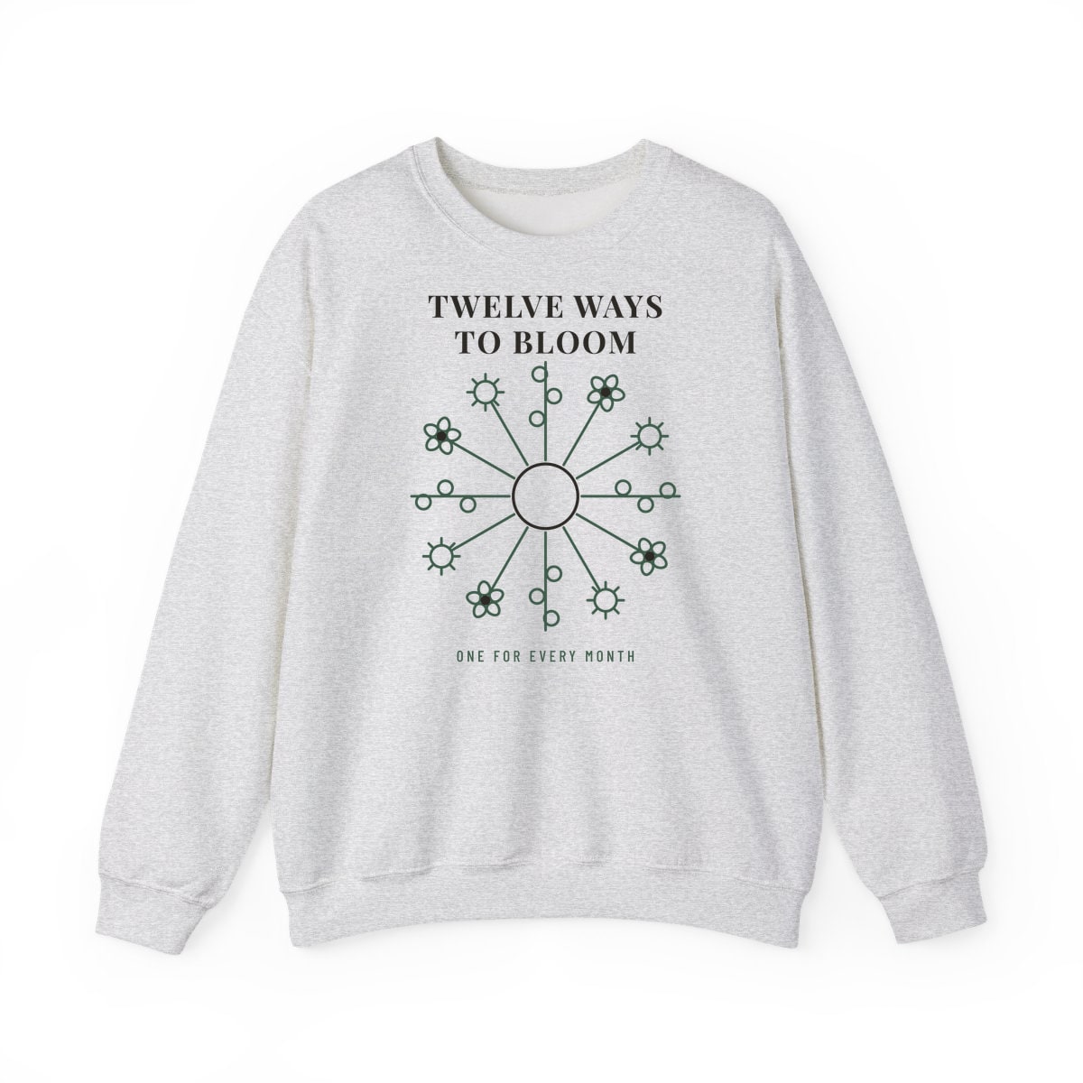 Twelve Ways To Bloom, printed on a crewneck in Ash