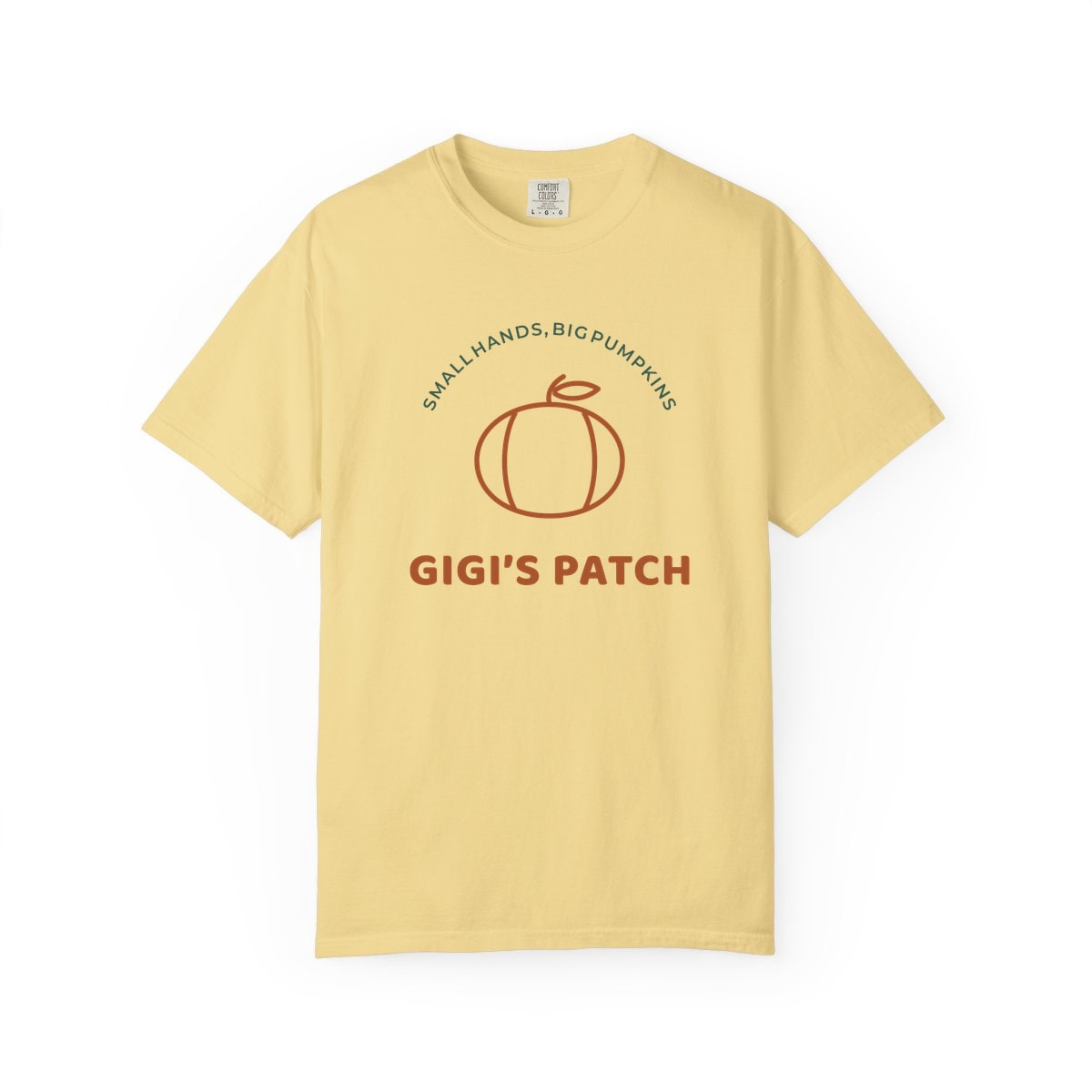 Gigi’s Pumpkin Patch, printed on a Comfort Colors garment-dyed t-shirt in Butter