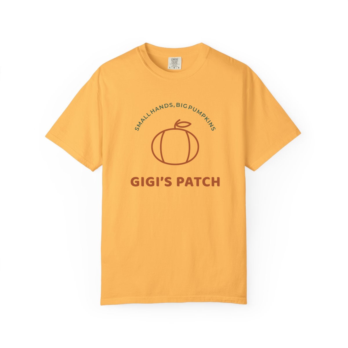 Gigi’s Pumpkin Patch, printed on a Comfort Colors garment-dyed t-shirt in Citrus