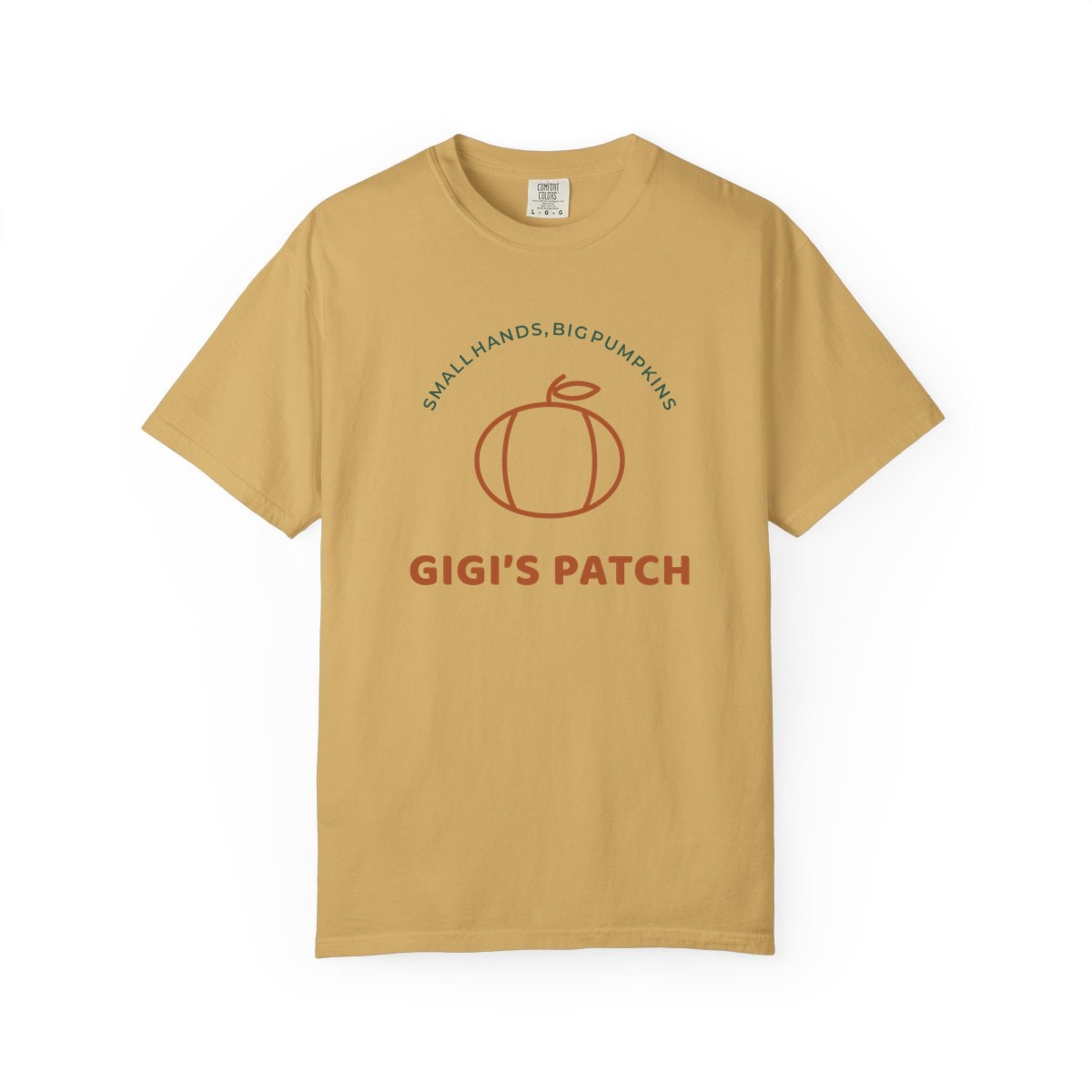 Gigi’s Pumpkin Patch, printed on a Comfort Colors garment-dyed t-shirt in Mustard