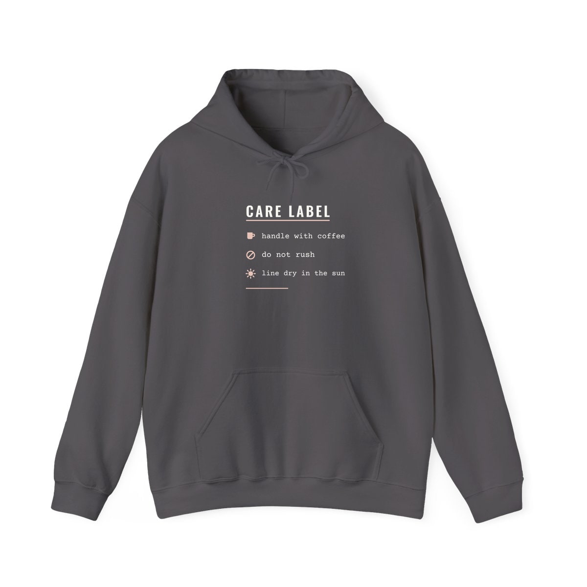 Care Label, printed on a hoodie in Charcoal