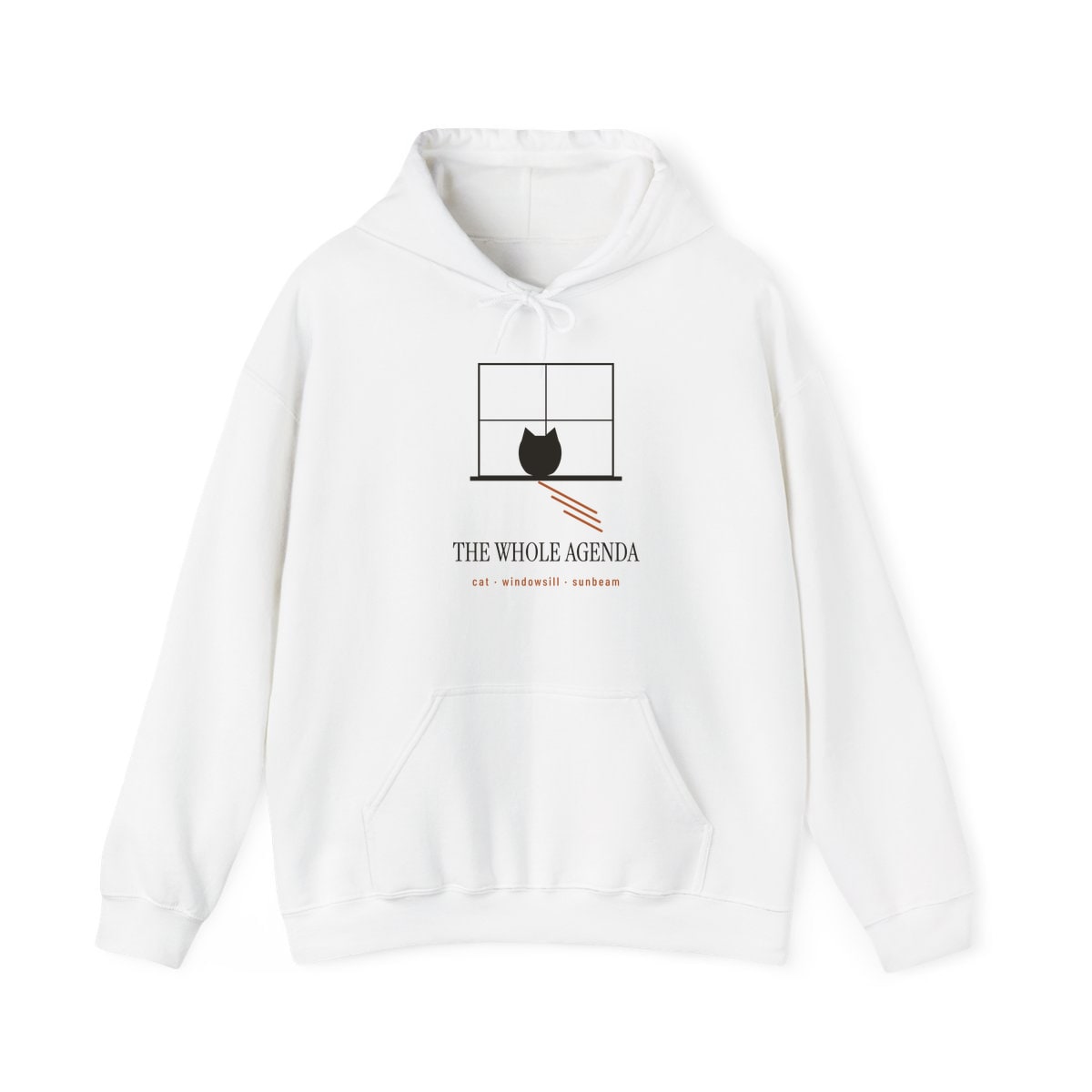 Cat, Windowsill, Sunbeam, printed on a hoodie in White