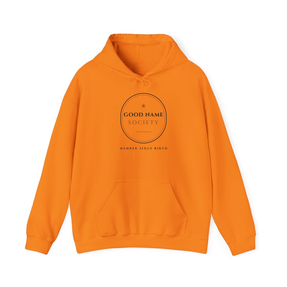 Good Name Society, printed on a hoodie in Safety Orange