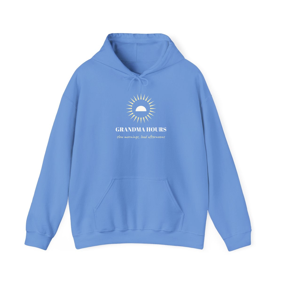 Grandma Hours, printed on a hoodie in Carolina Blue