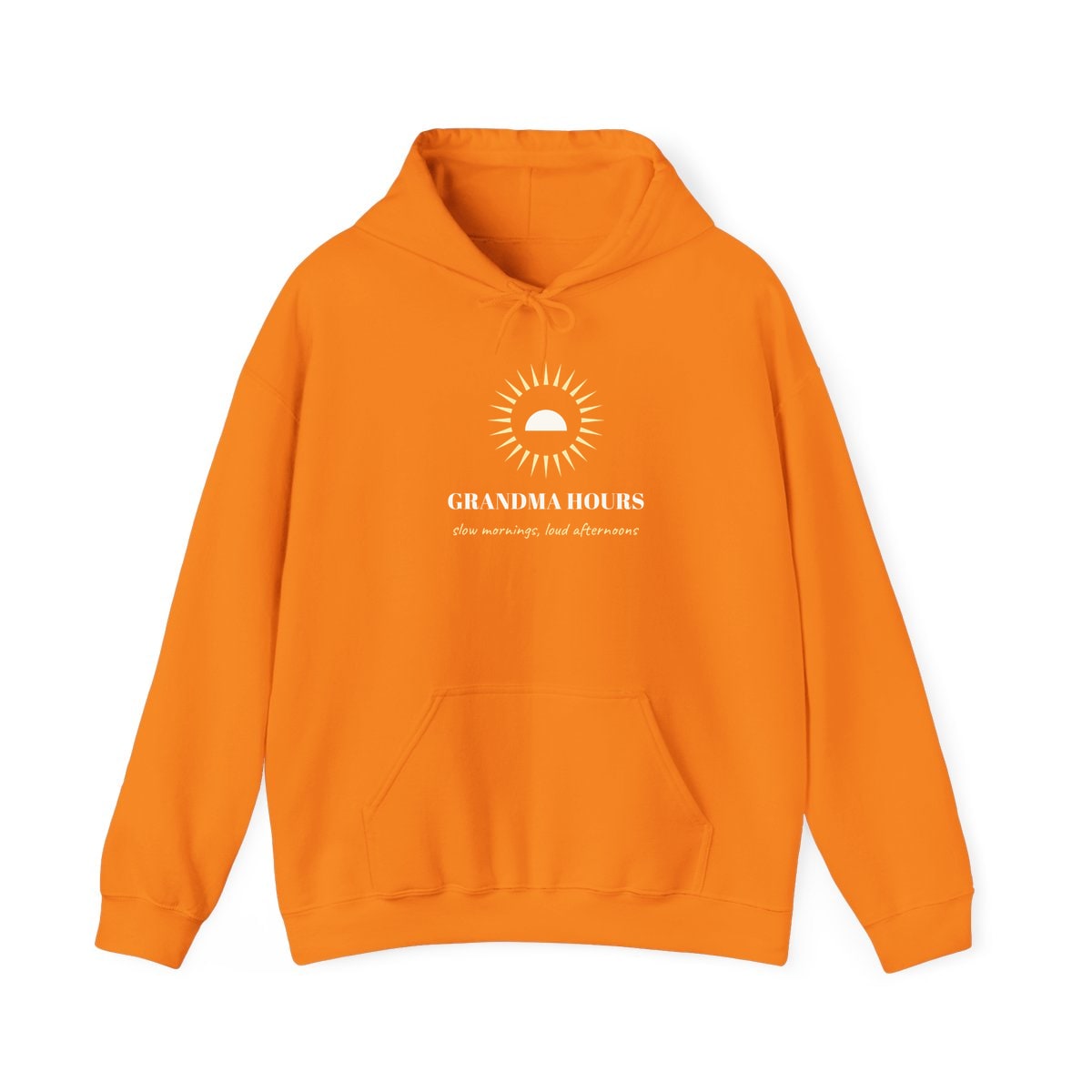 Grandma Hours, printed on a hoodie in Safety Orange