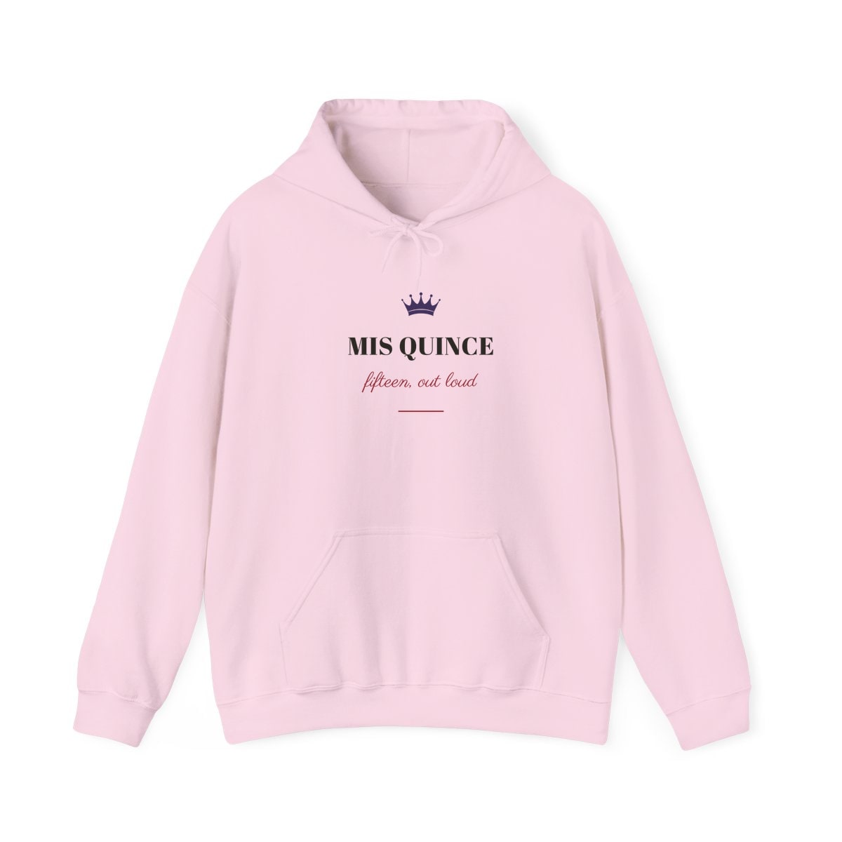 Mis Quince, printed on a hoodie in Light Pink