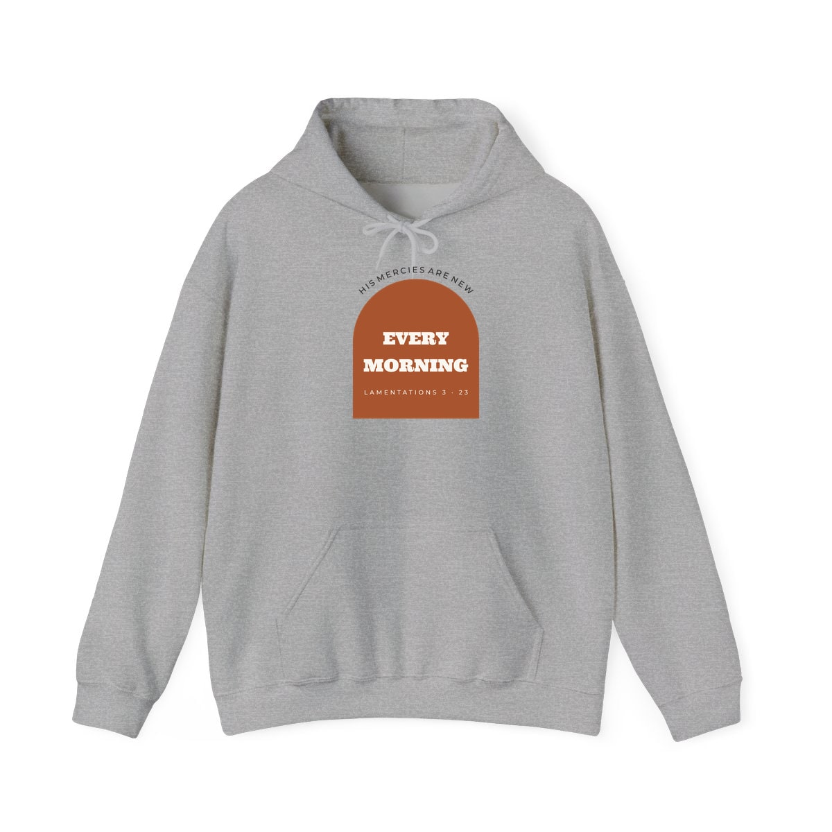 New Every Morning Arch, printed on a hoodie in Sport Grey