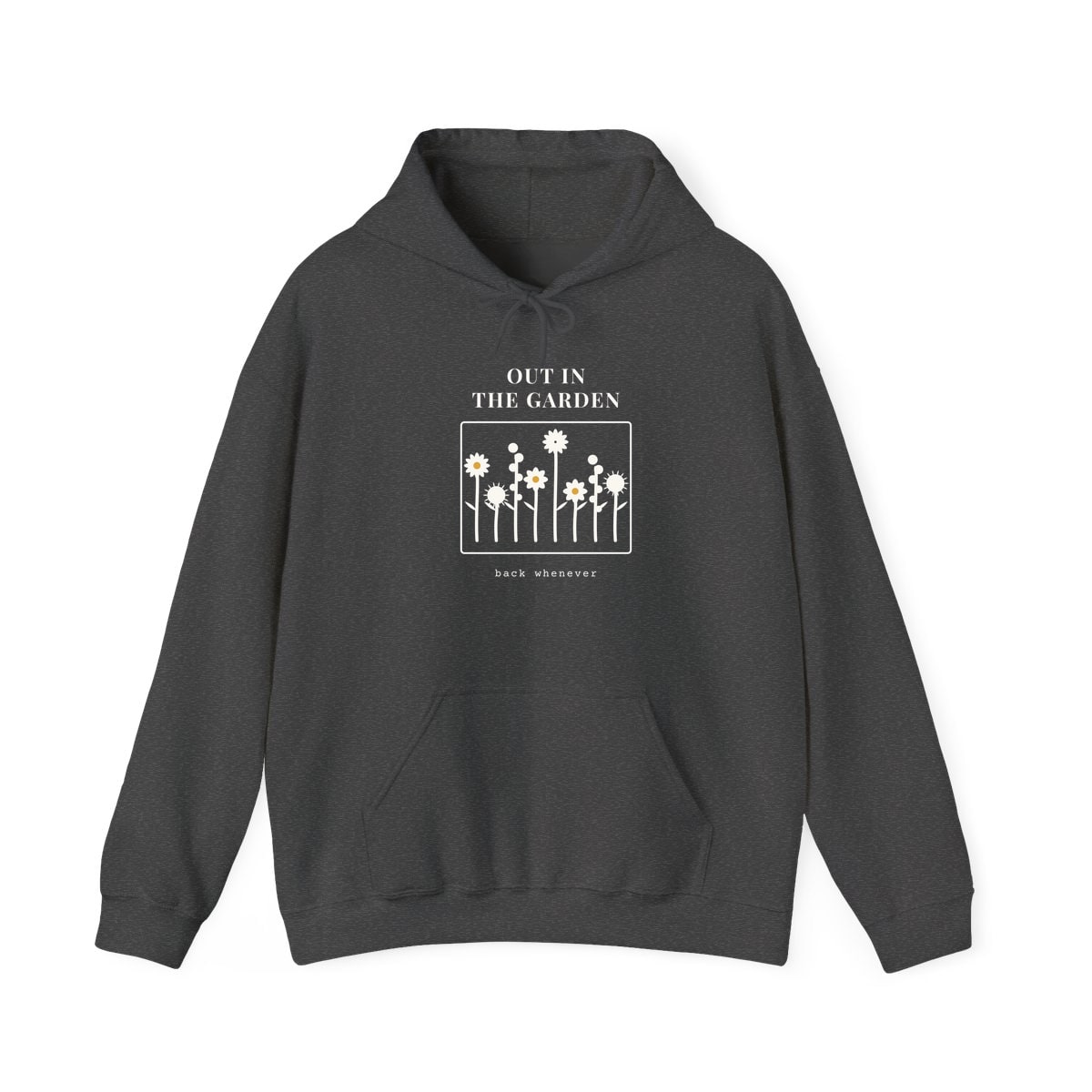 Out In The Garden, printed on a hoodie in Dark Heather