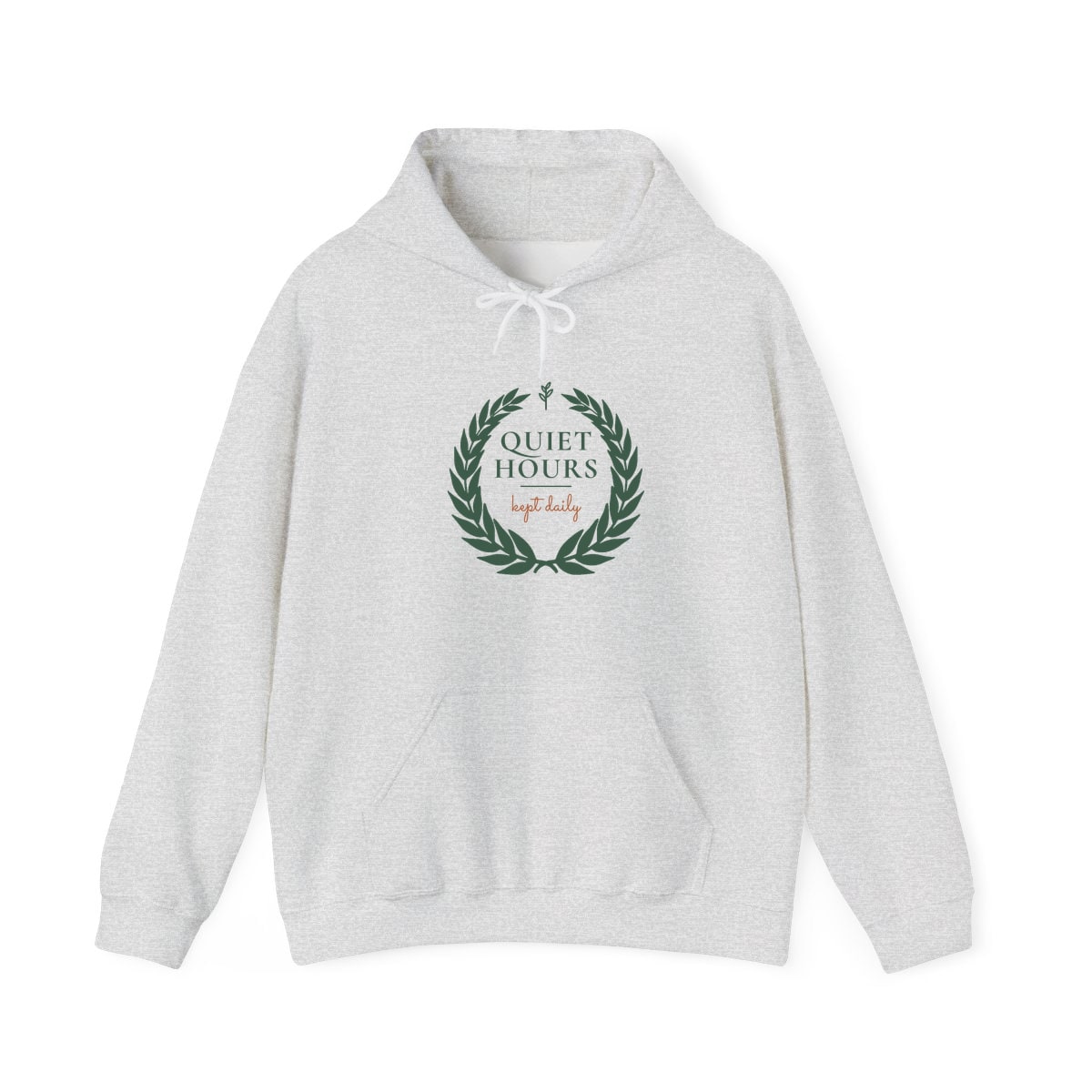 Quiet Hours, Kept Daily, printed on a hoodie in Ash