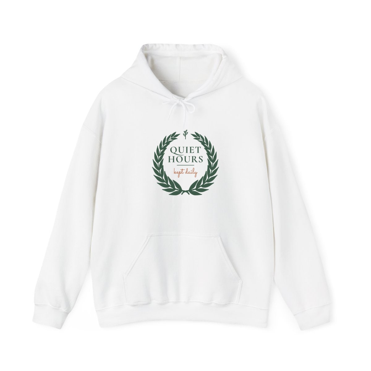 Quiet Hours, Kept Daily, printed on a hoodie in White