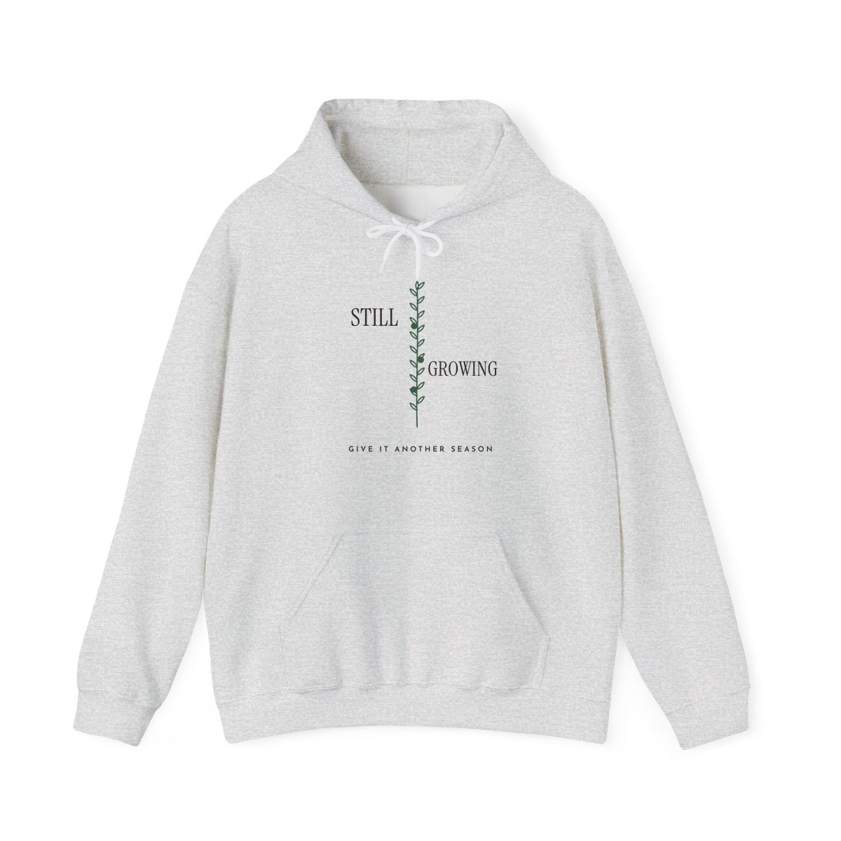 Still Growing Olive Branch, printed on a hoodie in Ash