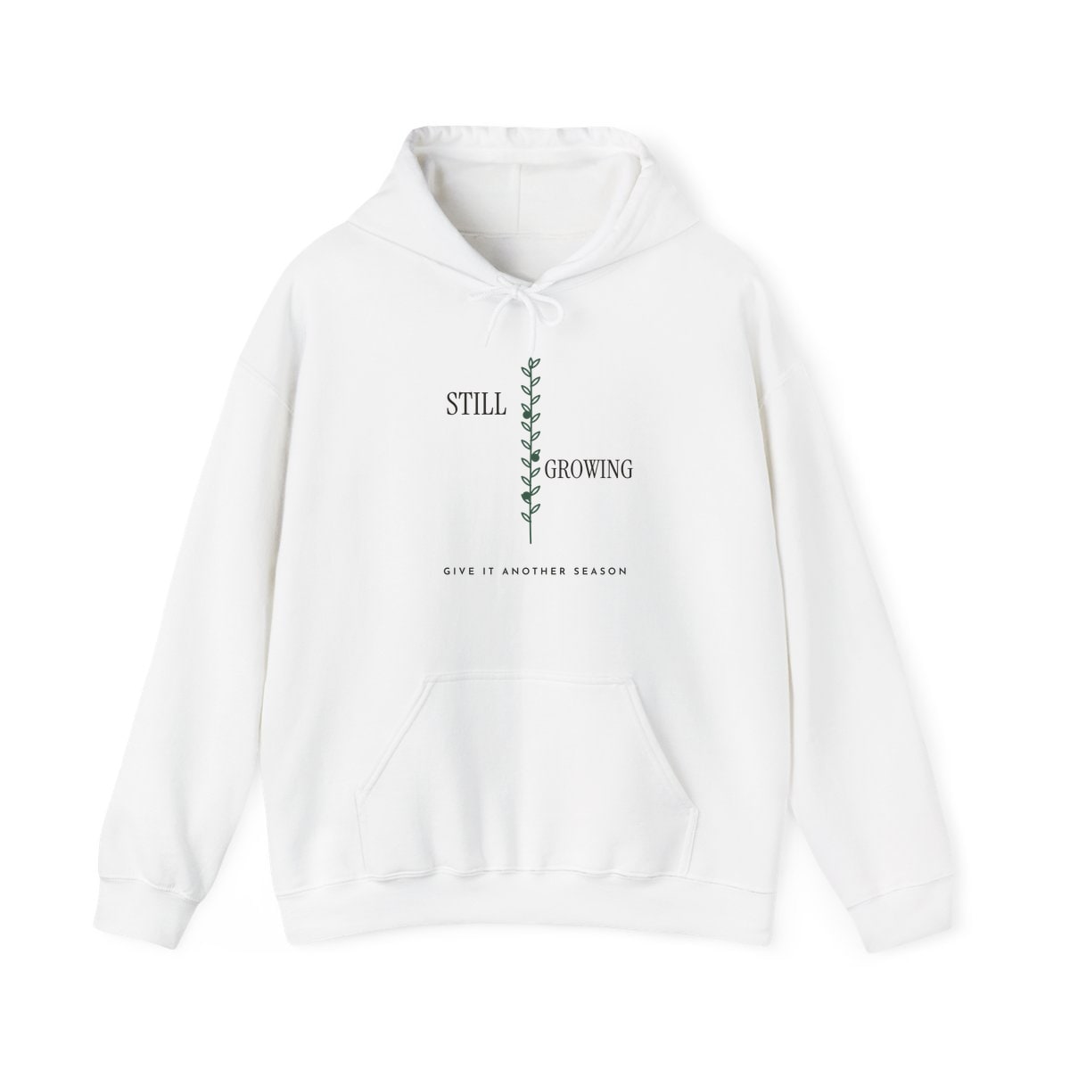 Still Growing Olive Branch, printed on a hoodie in White