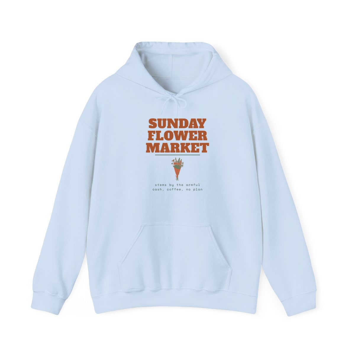 Sunday Flower Market, printed on a hoodie in Light Blue