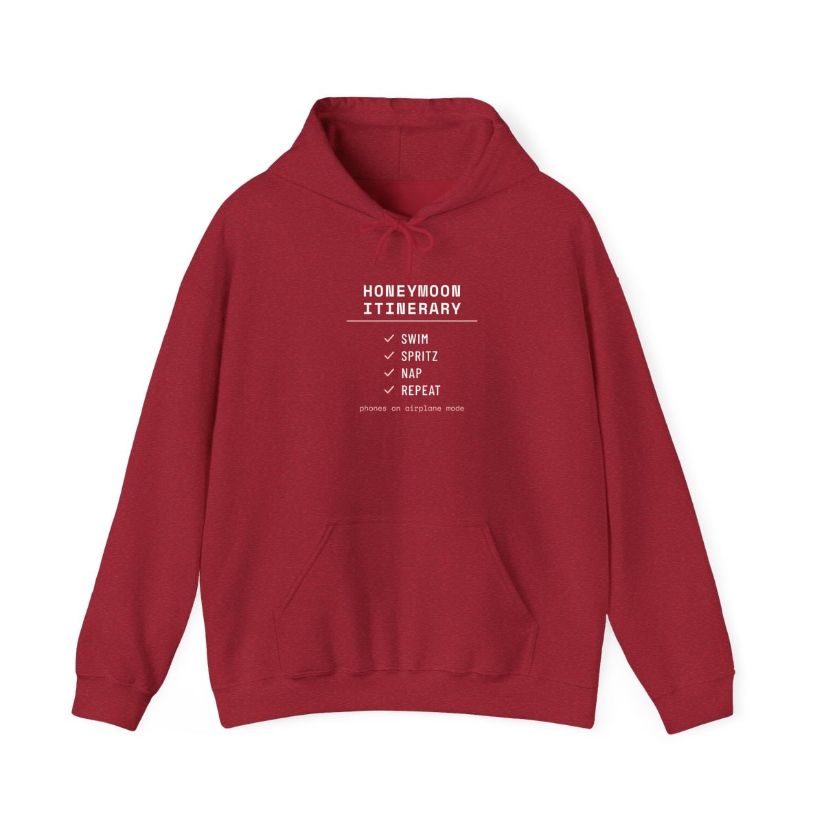 The Honeymoon Itinerary, printed on a hoodie in Antique Cherry Red