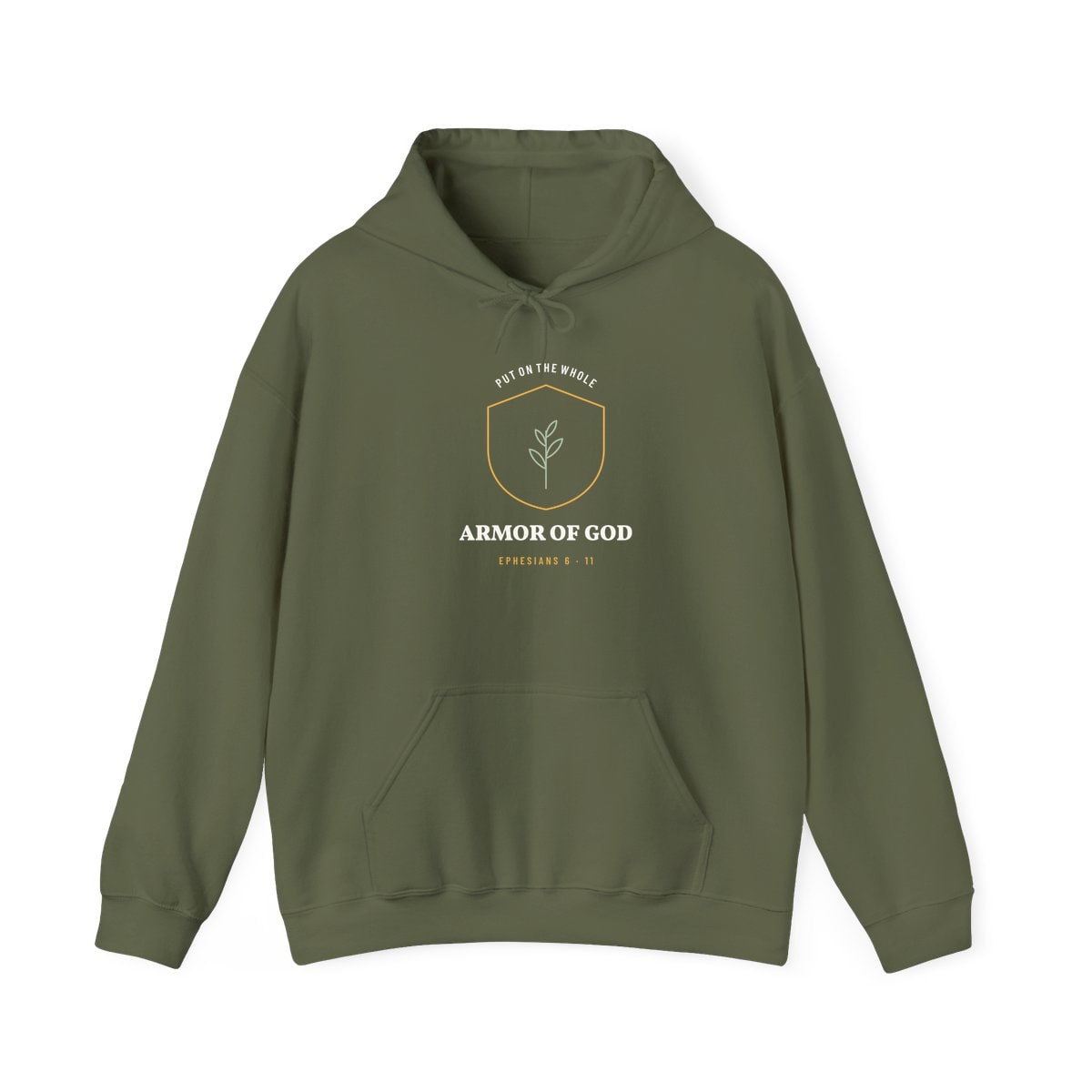 The Whole Armor Crest, printed on a hoodie in Military Green