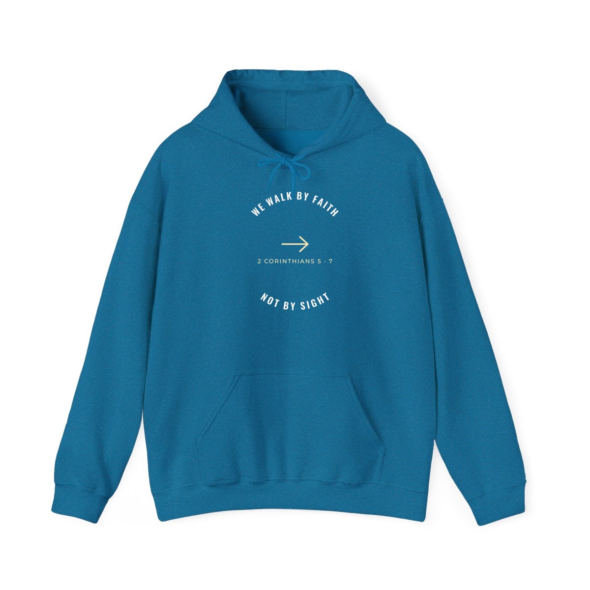 We Walk By Faith, printed on a hoodie in Antique Sapphire