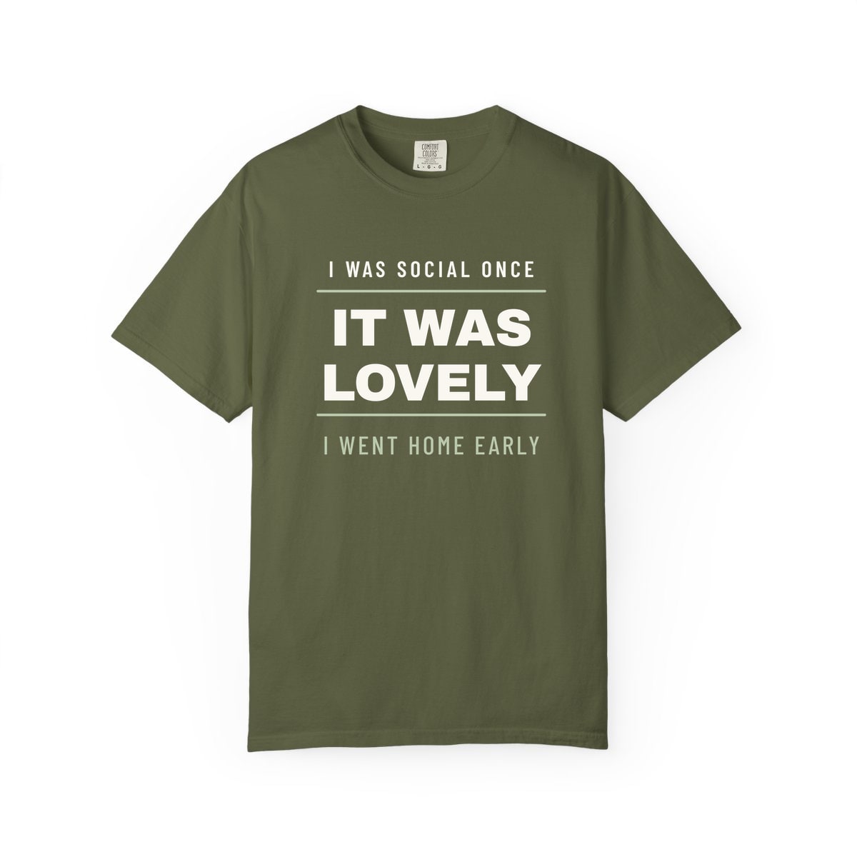 I Was Social Once, printed on a Comfort Colors garment-dyed t-shirt in Hemp