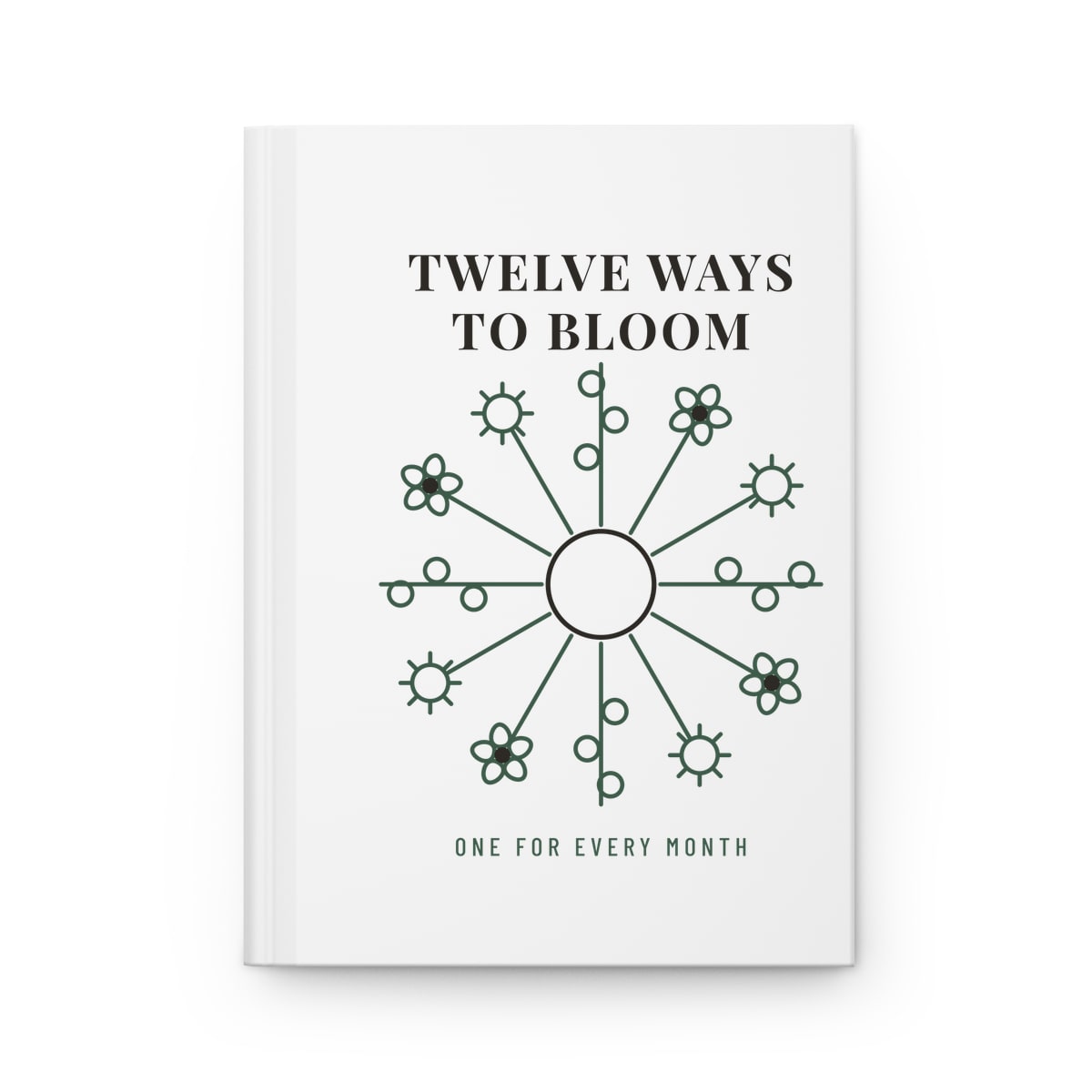 Twelve Ways To Bloom, printed on a journal in White