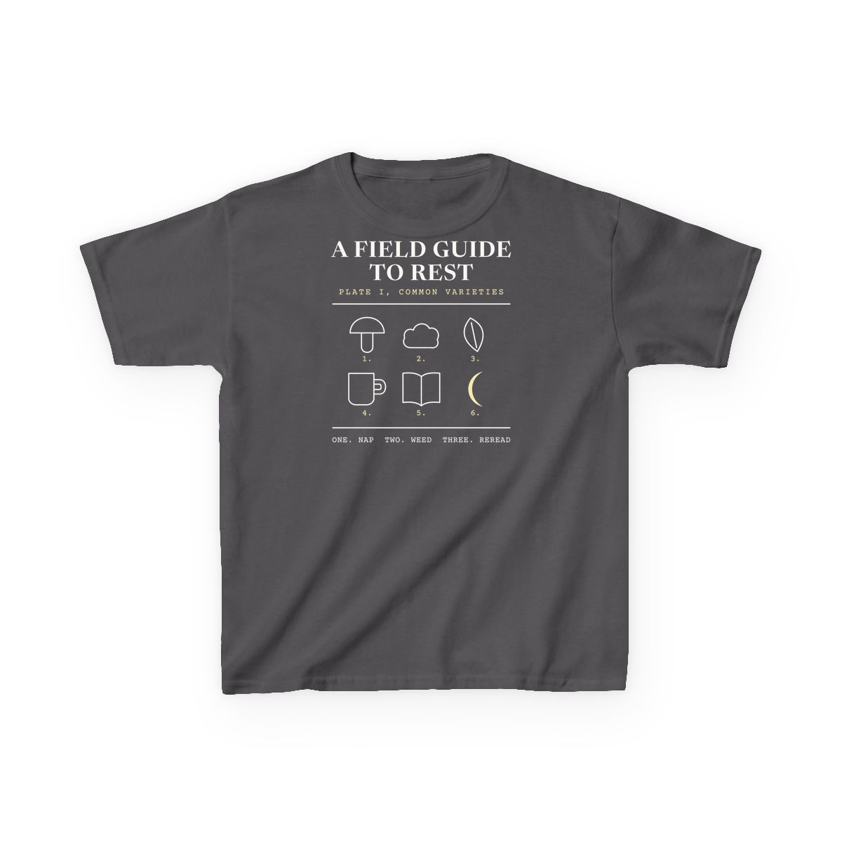 A Field Guide To Rest, printed on a kids tee in Charcoal