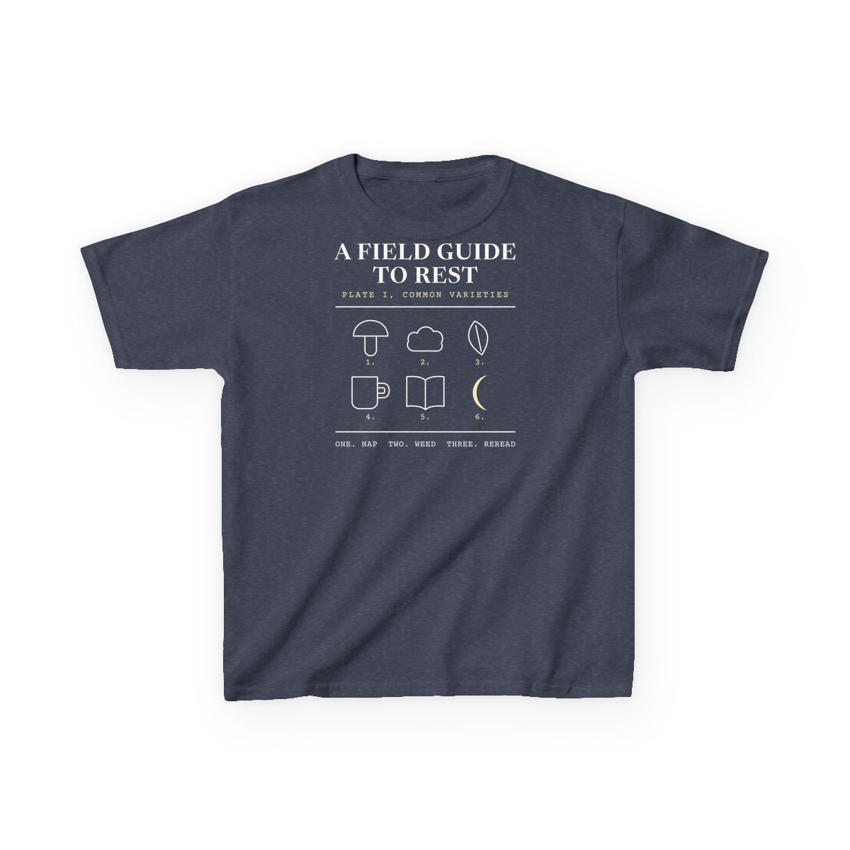 A Field Guide To Rest, printed on a kids tee in Heather Navy