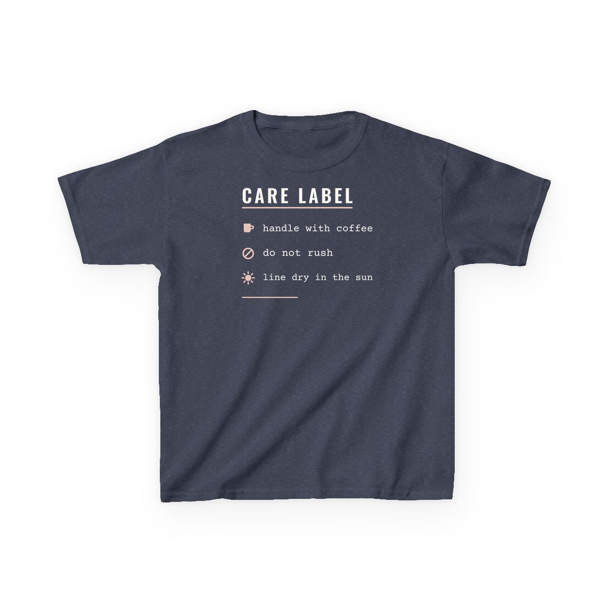 Care Label, printed on a kids tee in Heather Navy