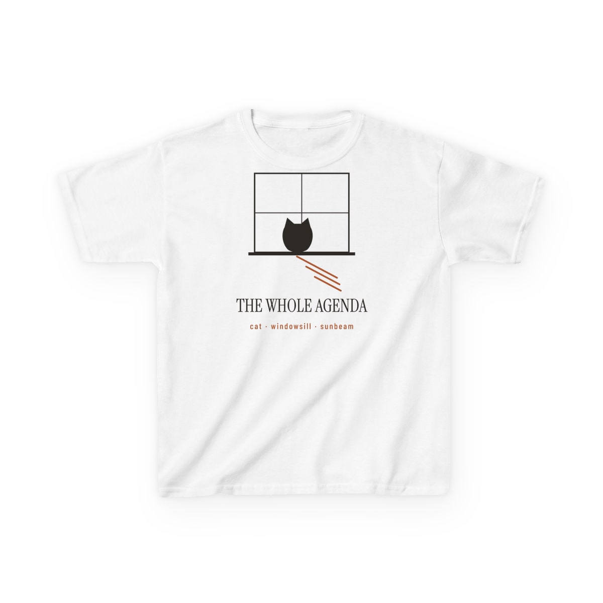 Cat, Windowsill, Sunbeam, printed on a kids tee in White