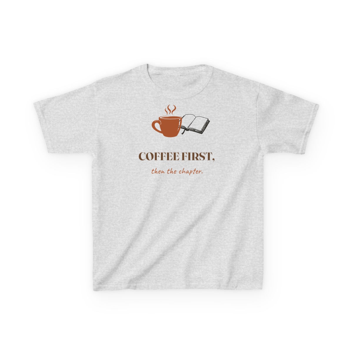 Coffee First, Then Chapter, printed on a kids tee in Ash