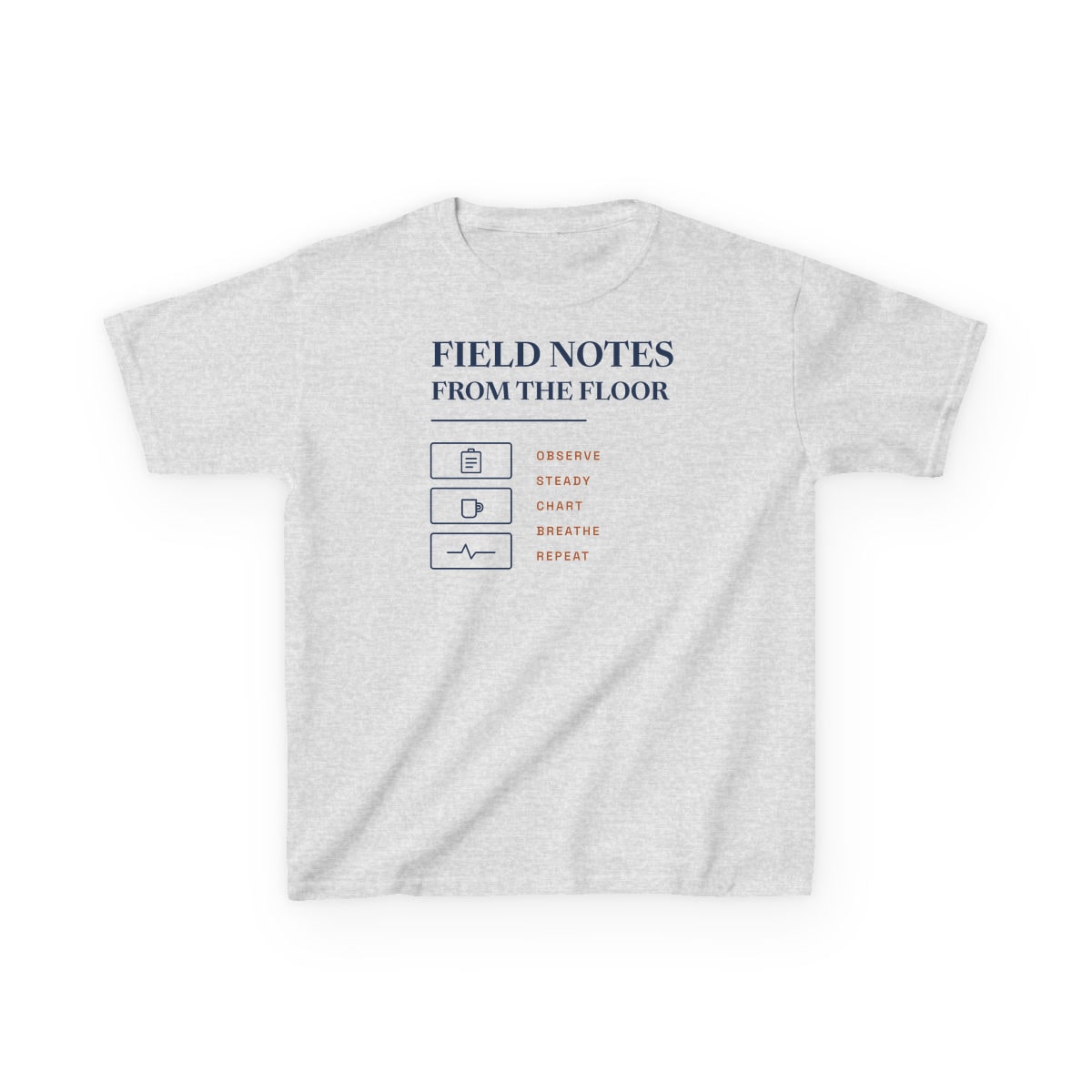 Field Notes From The Floor, printed on a kids tee in Ash