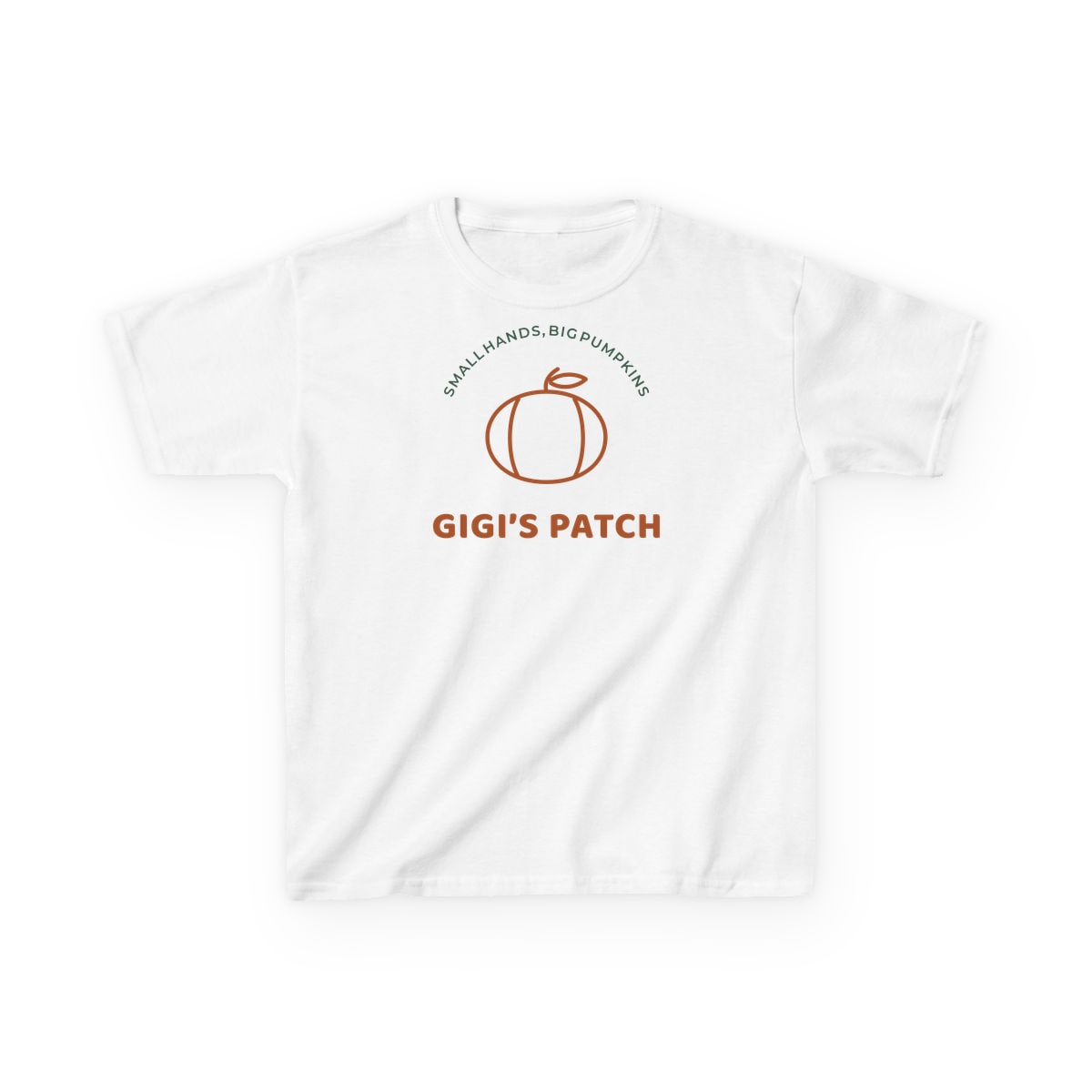 Gigi’s Pumpkin Patch, printed on a kids tee in White