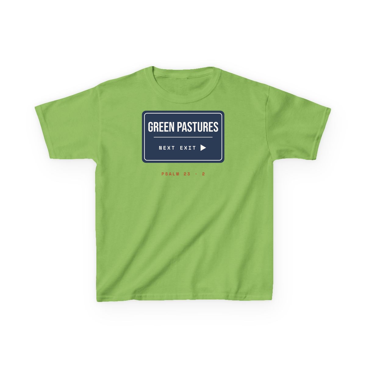 Green Pastures, Next Exit, printed on a kids tee in Lime