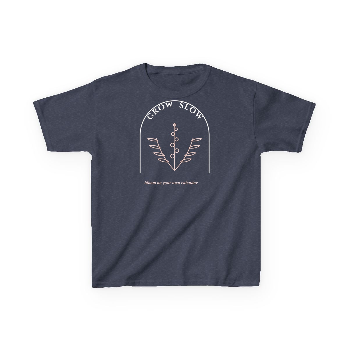 Grow Slow Arch, printed on a kids tee in Heather Navy