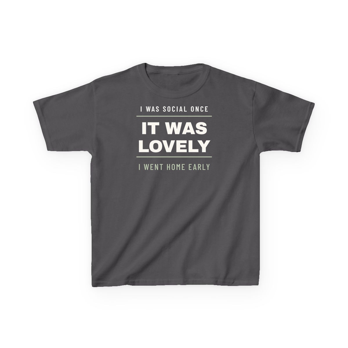 I Was Social Once, printed on a kids tee in Charcoal