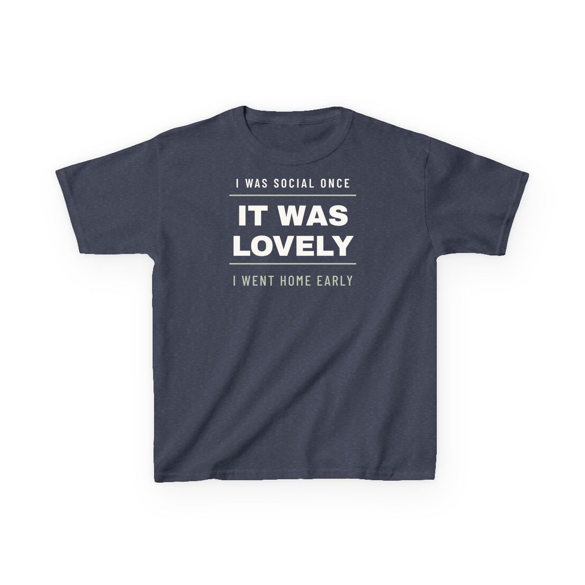 I Was Social Once, printed on a kids tee in Heather Navy