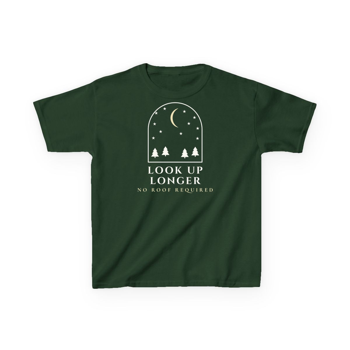 Look Up Longer, printed on a kids tee in Forest Green