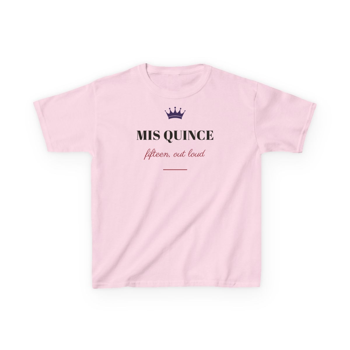 Mis Quince, printed on a kids tee in Light Pink