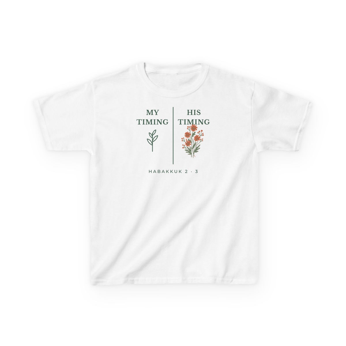 My Timing, His Timing, printed on a kids tee in White