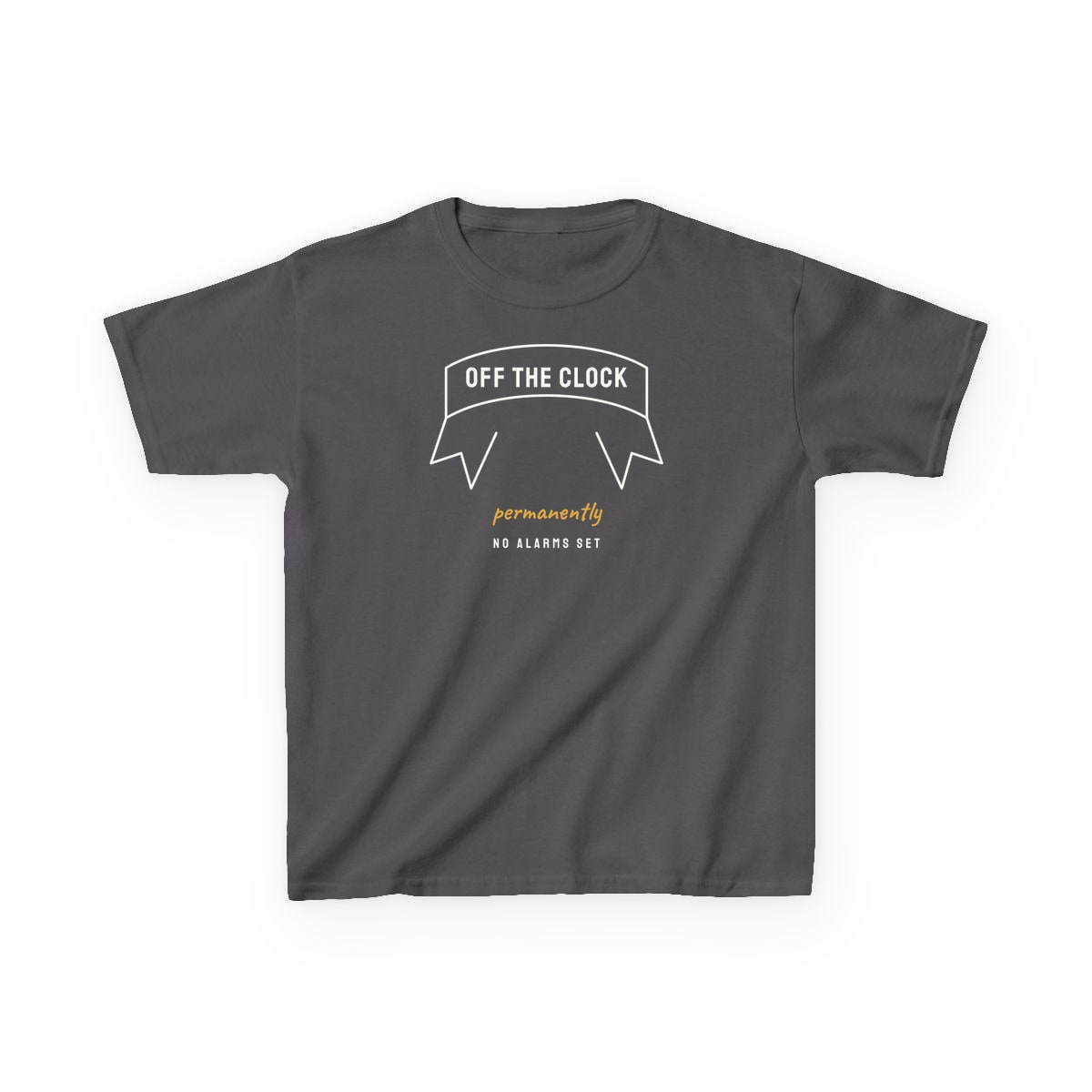 Off The Clock, printed on a kids tee in Charcoal