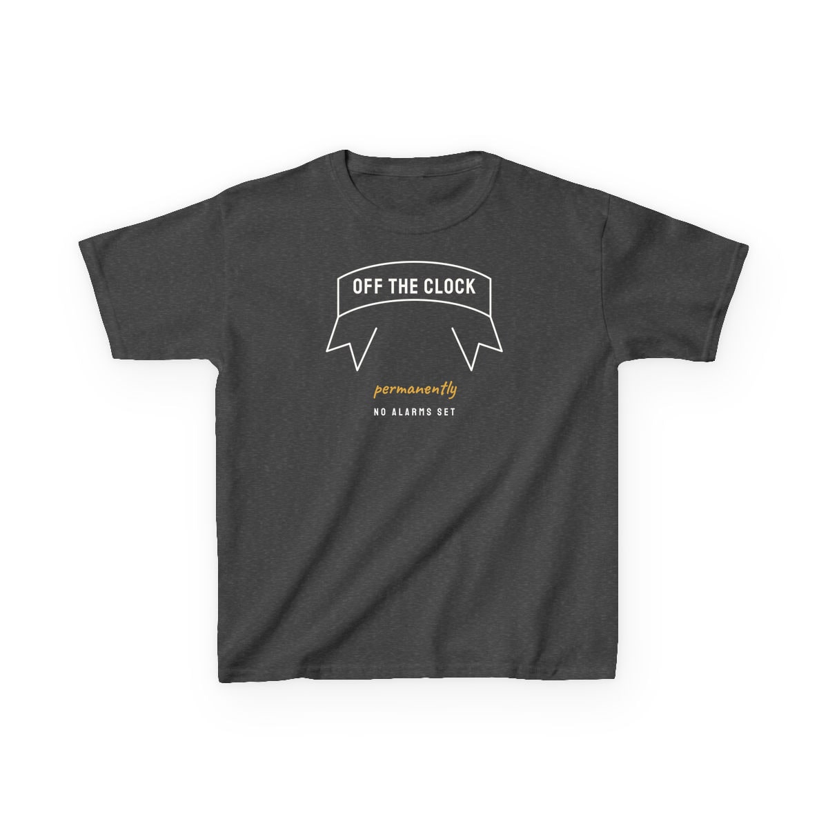 Off The Clock, printed on a kids tee in Dark Heather