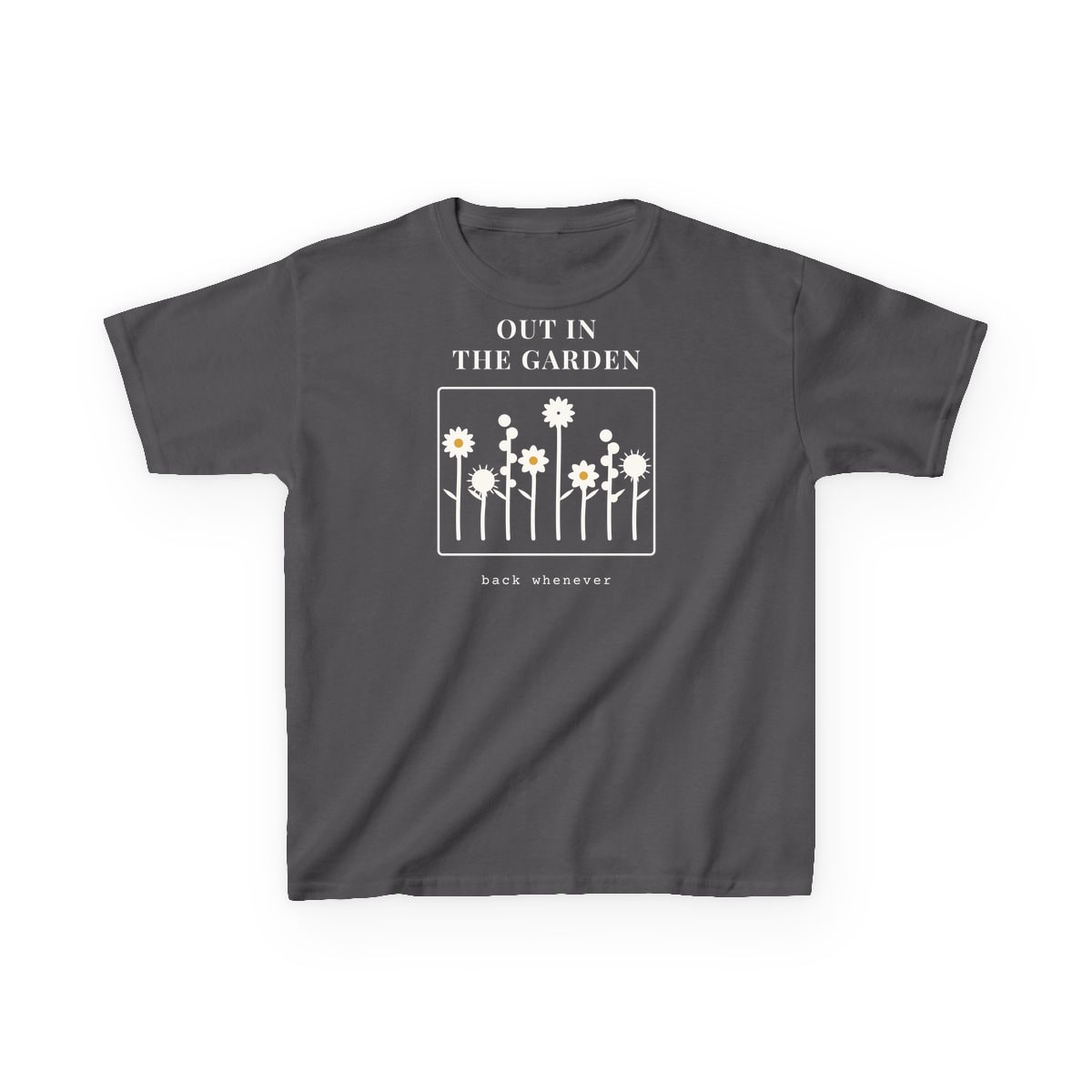 Out In The Garden, printed on a kids tee in Charcoal