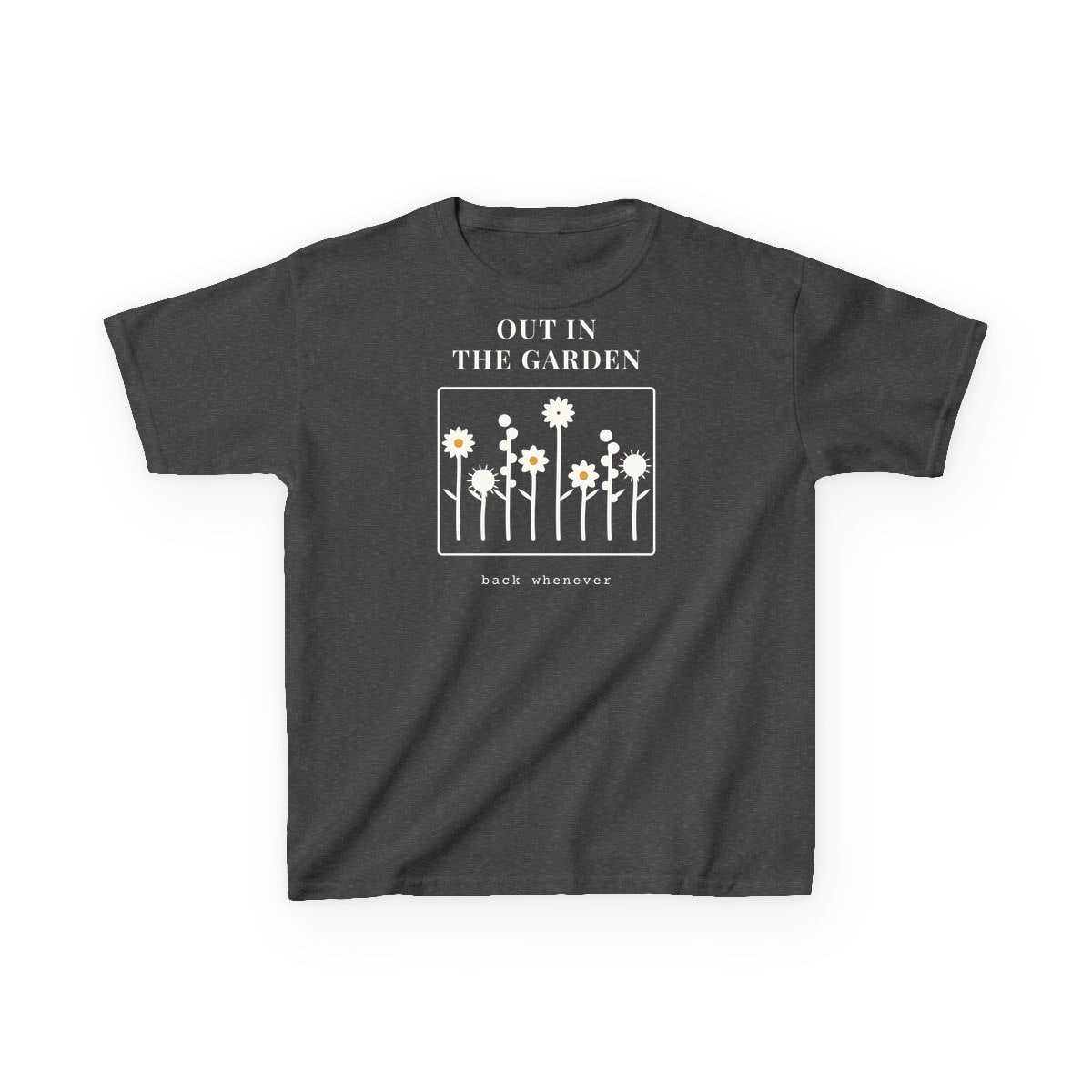 Out In The Garden, printed on a kids tee in Dark Heather