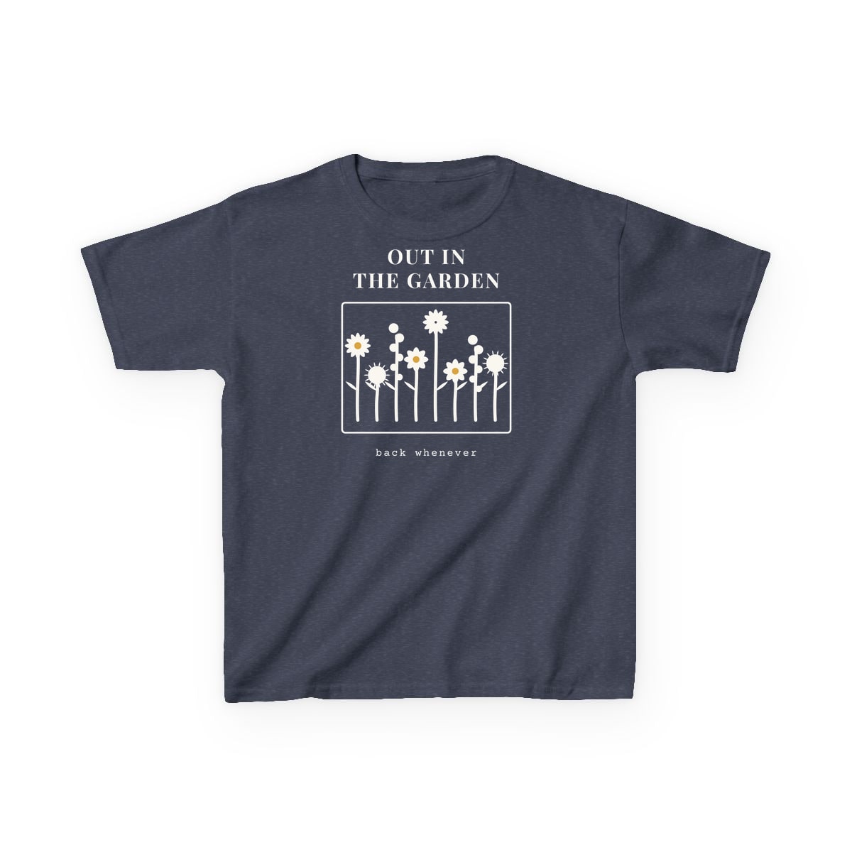 Out In The Garden, printed on a kids tee in Heather Navy