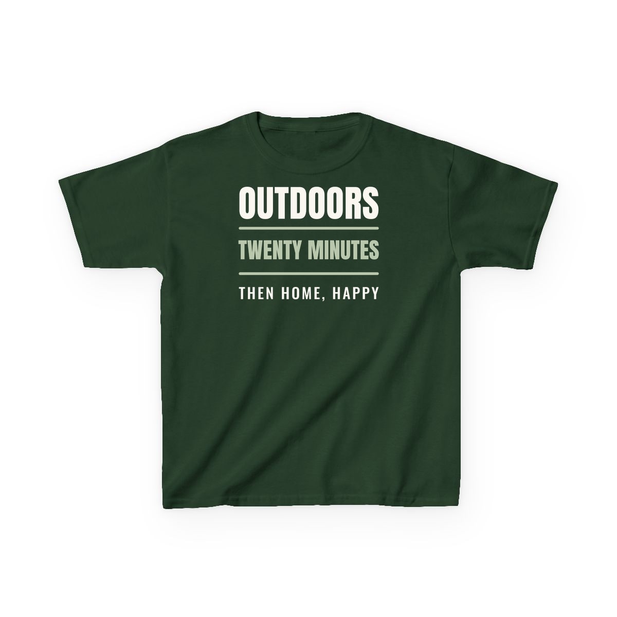 Outdoors, Twenty Minutes, printed on a kids tee in Forest Green