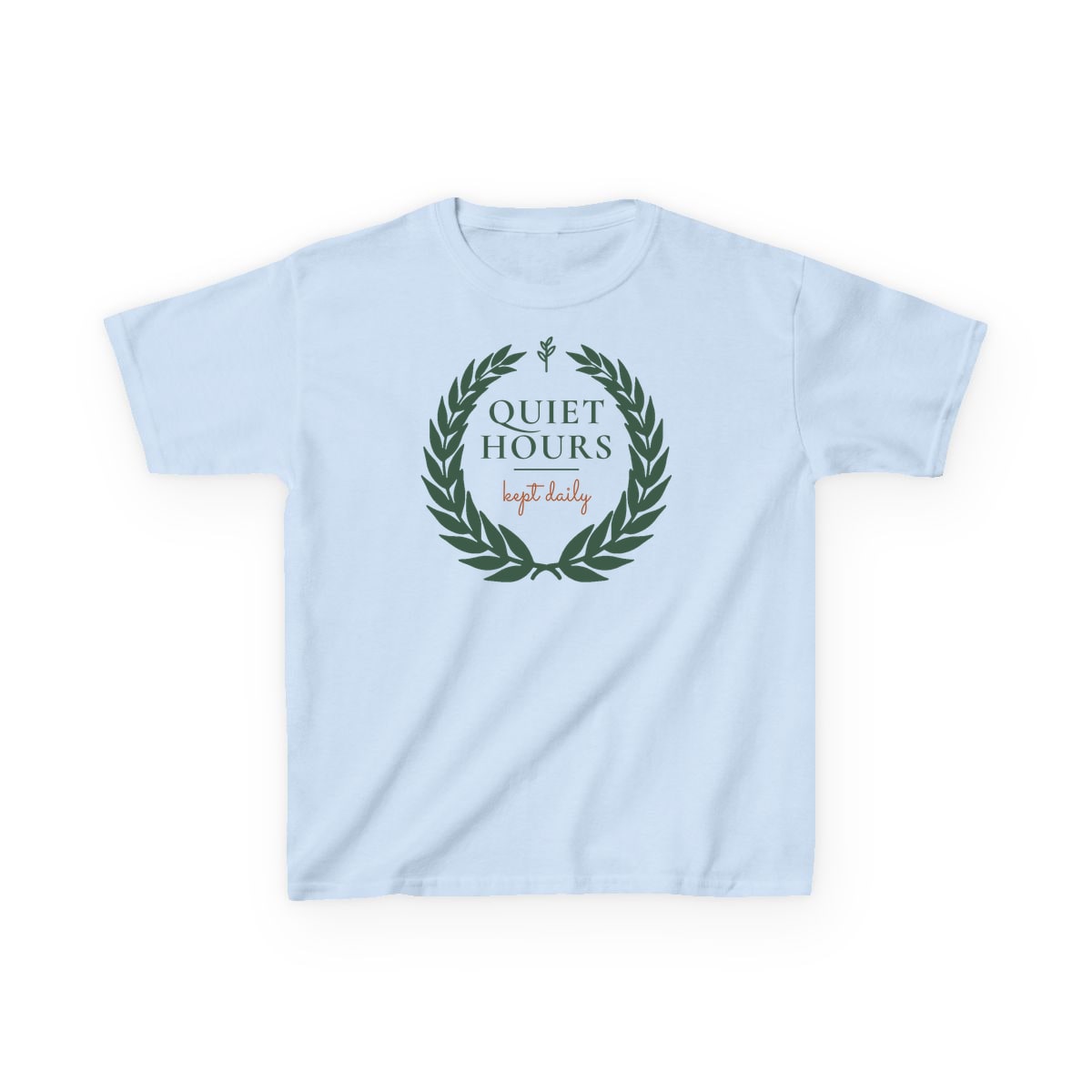 Quiet Hours, Kept Daily, printed on a kids tee in Light Blue