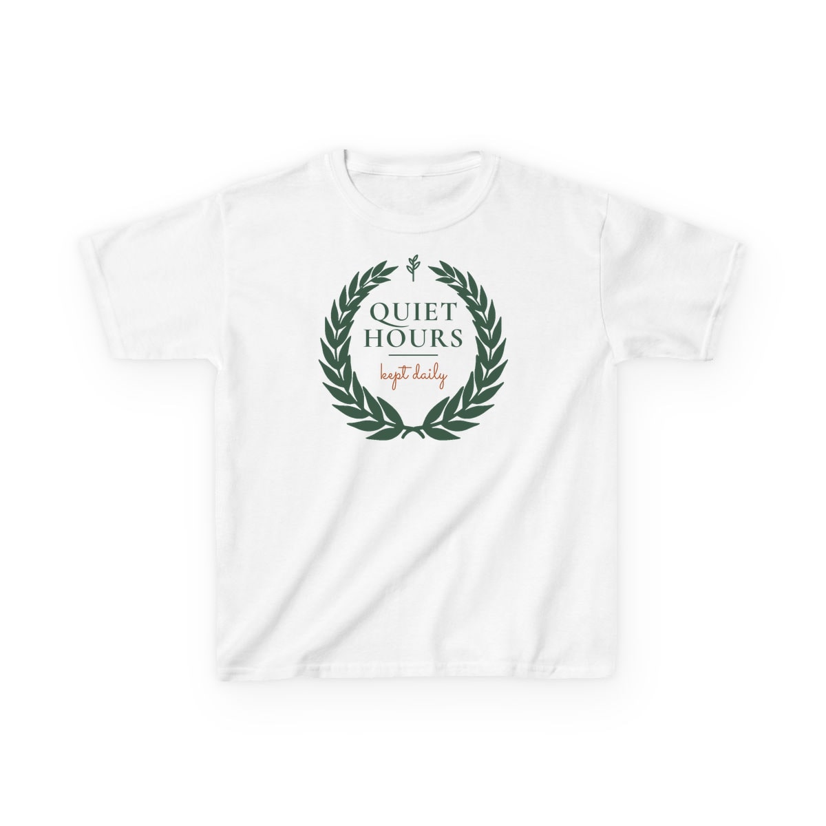Quiet Hours, Kept Daily, printed on a kids tee in White