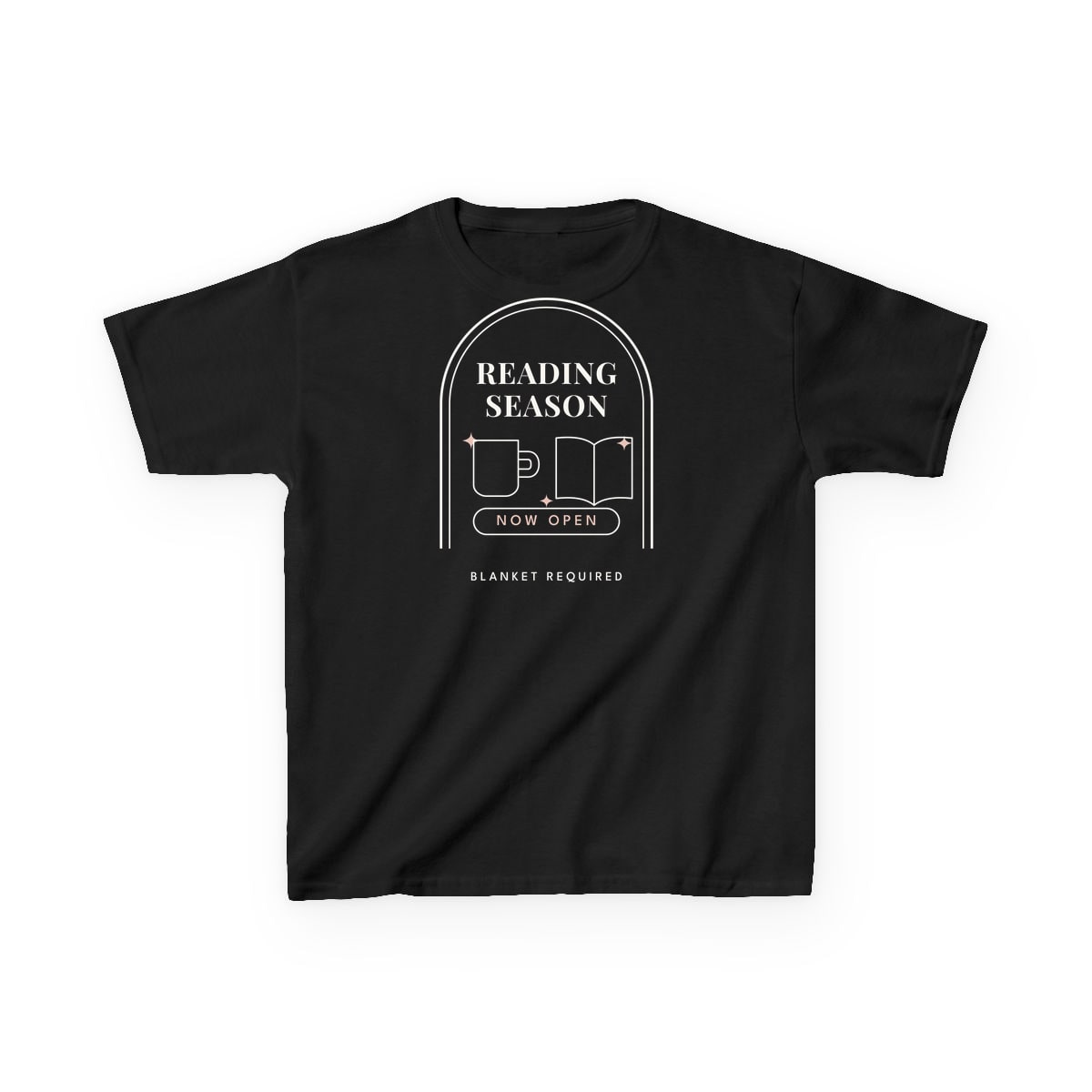 Reading Season Now Open, printed on a kids tee in Black