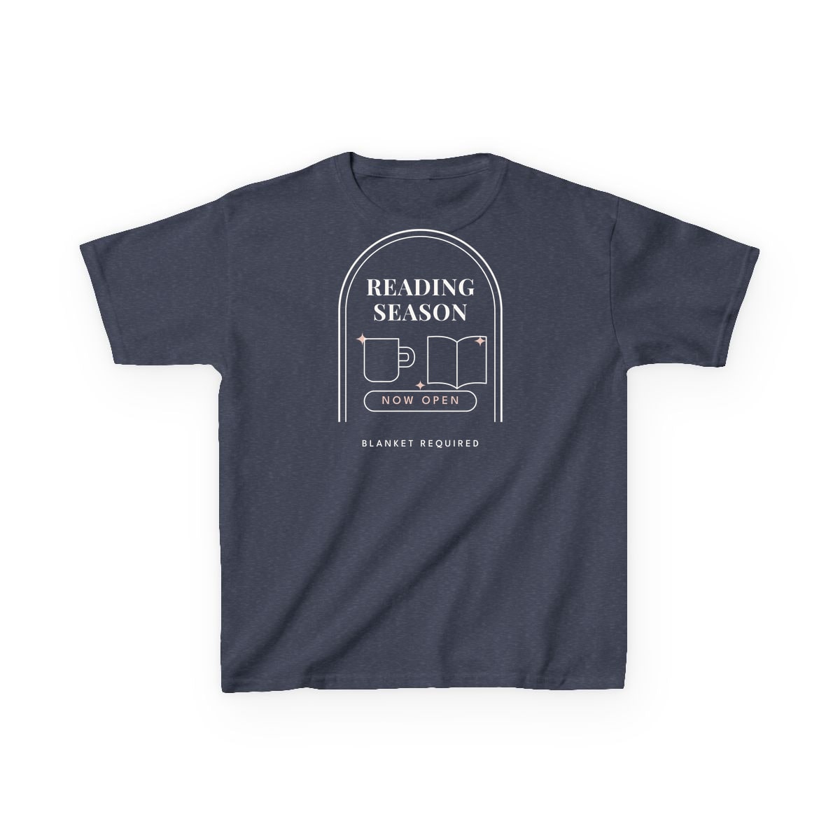 Reading Season Now Open, printed on a kids tee in Heather Navy