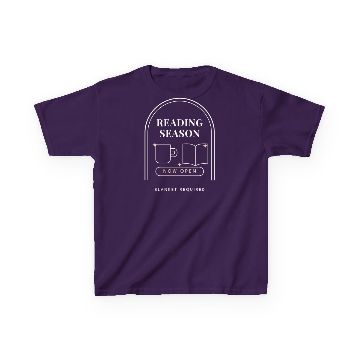 Reading Season Now Open, printed on a kids tee in Purple